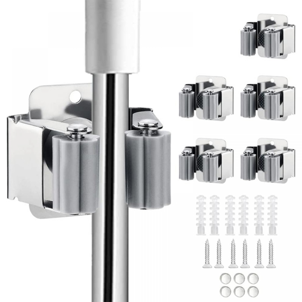 Wytrzymały, ścienny uchwyt na miotłę ze stali nierdzewnej do łazienki i kuchni, zestaw 6 sztuk (srebrny)