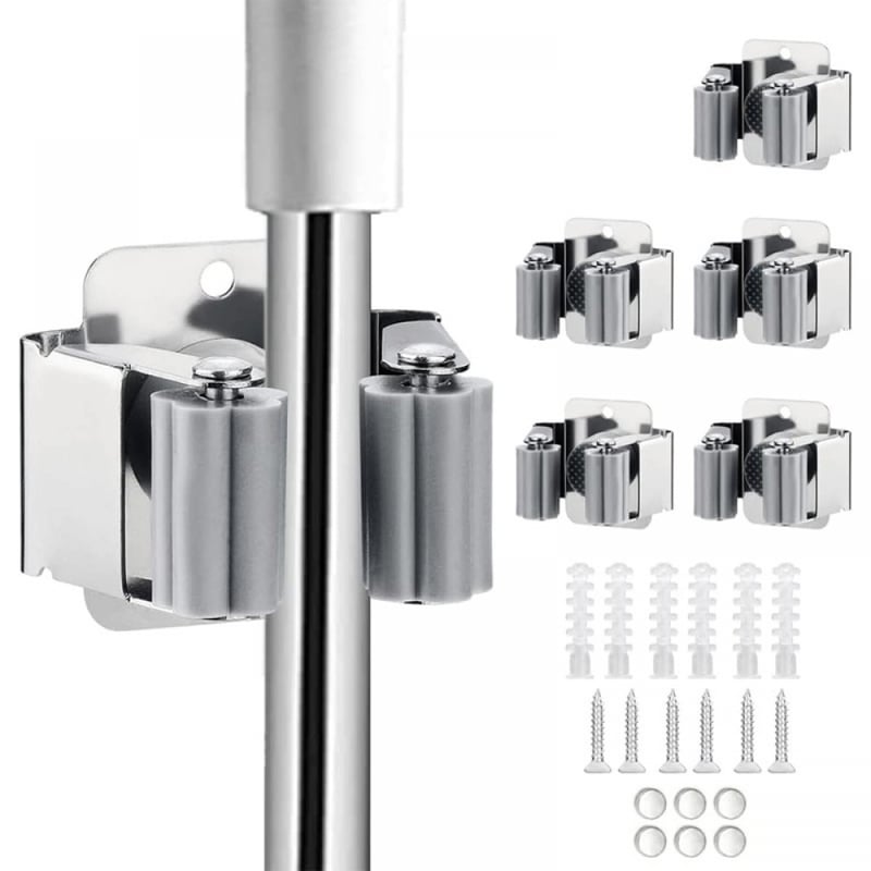 Wytrzymały, ścienny uchwyt na miotłę ze stali nierdzewnej do łazienki i kuchni, zestaw 6 sztuk (srebrny)