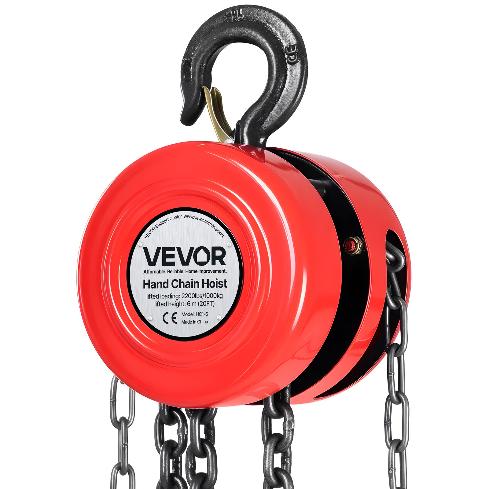Talha manual VEVOR 1 T, elevação 6 m, gancho reforçado, corrente G70, freio mecânico, para garagem, obra, armazém, vermelho - 9
