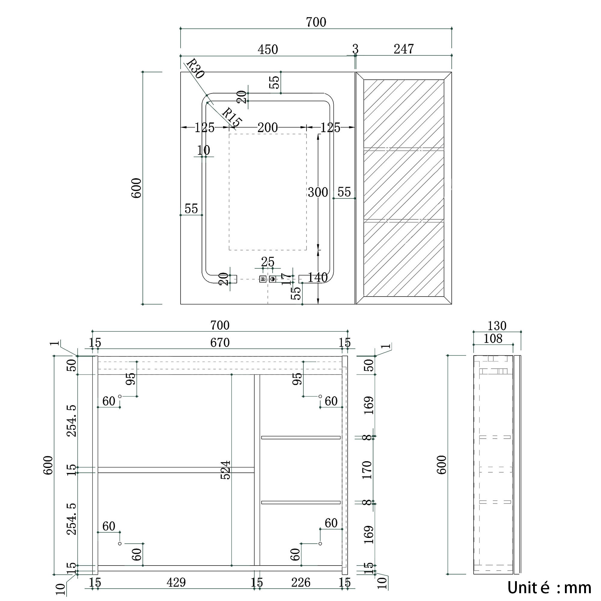 SIRHONA Armoire Miroir Salle de Bain 70x60x13cm avec Porte Vitrée, Miroir Anti-Buée Localisée 3 Lumières et Étagère Verre avec Prise - Gris Maroc - 9