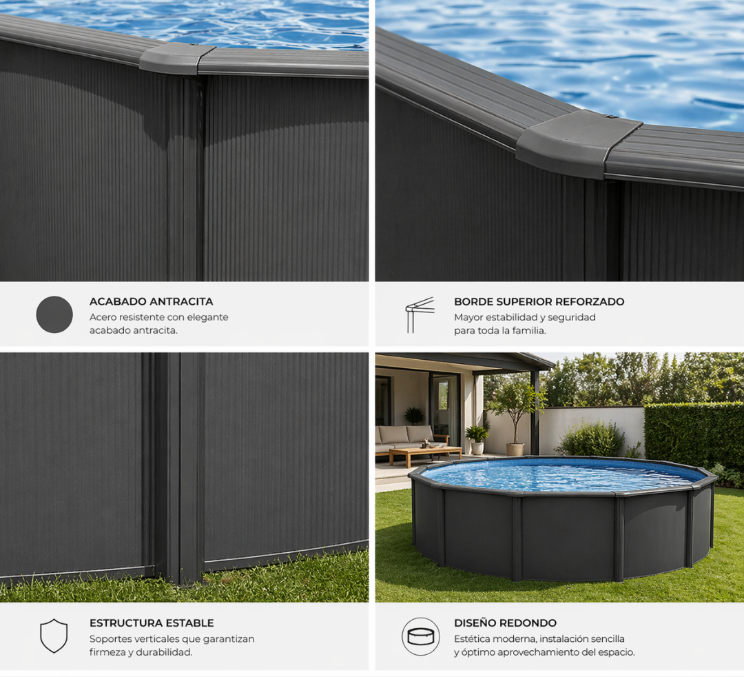 Piscina elevada de acero redonda 460x120 cm color antracita con depuradora y escalera de tijeras - 4
