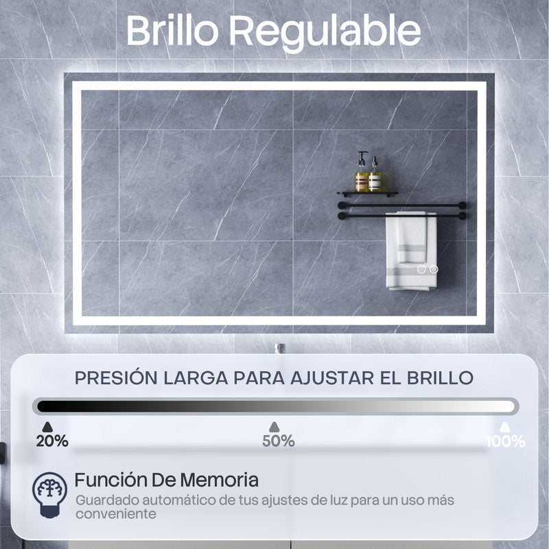 Hysail espejos de baño cuadrado antivaho,espejo baño led 100*60cm brillo regulable,3 colores de luz,función de memoria