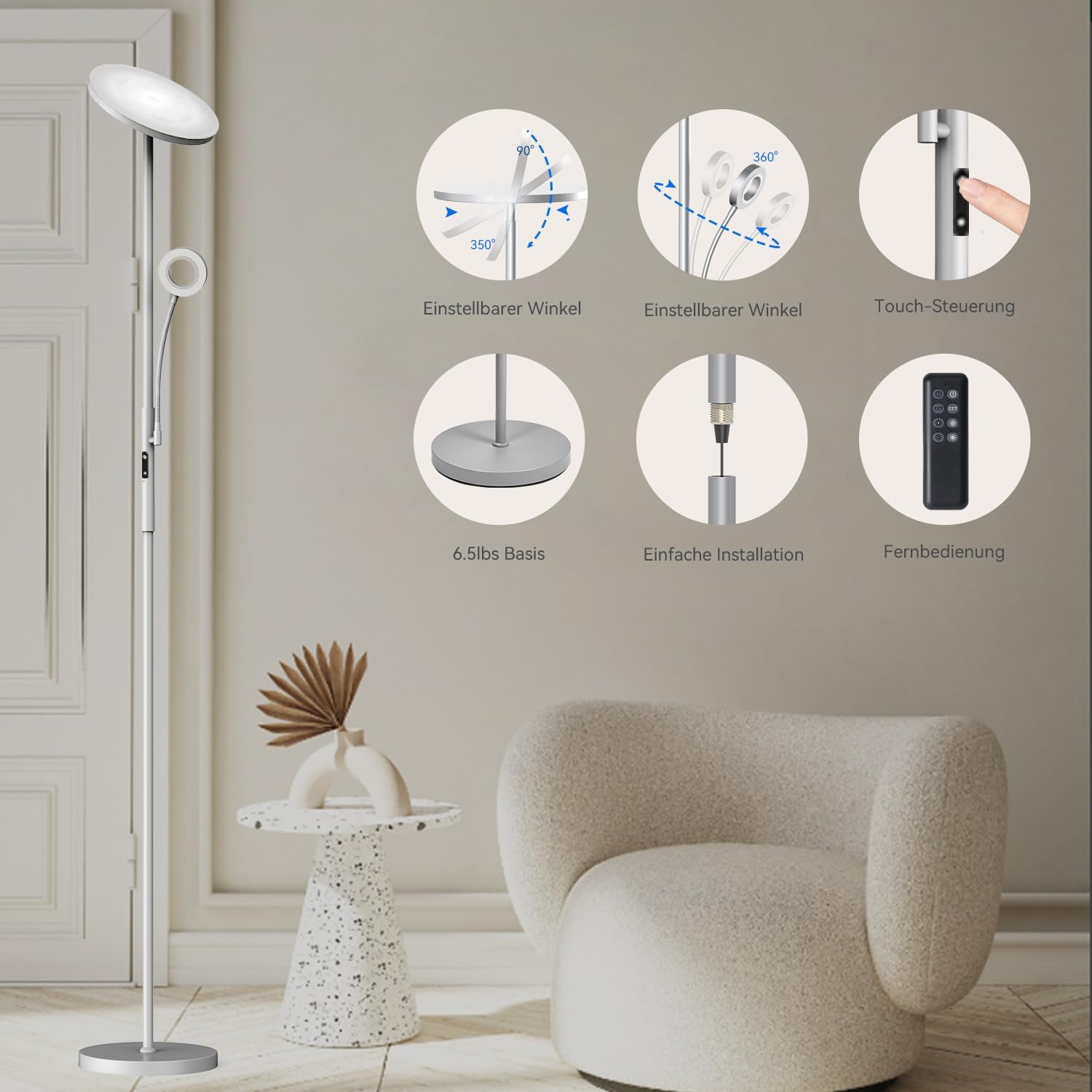 Lampadaire LED Dimmable 35W avec Liseuse, 4200LM, 3000K-6000K, Télécommande, Luminaire sur Pied Moderne pour Salon, Chambre, Bureau, Hôtel - 4