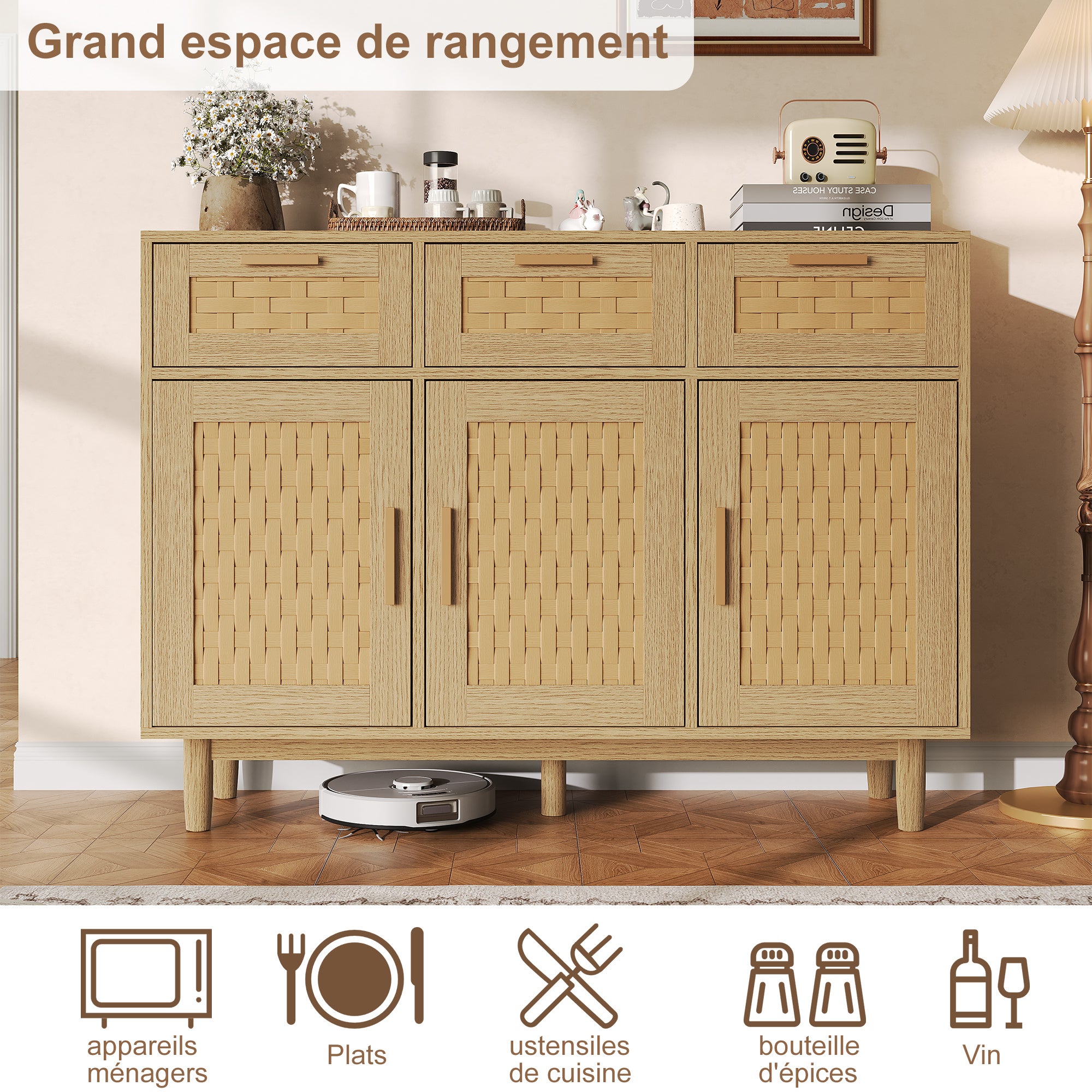 buffet, Meuble de rangement en rotin, meuble de cuisine à 3 tiroirs et 3 portes, commode, 108 x 40 x 80 cm, couleur chêne - 5