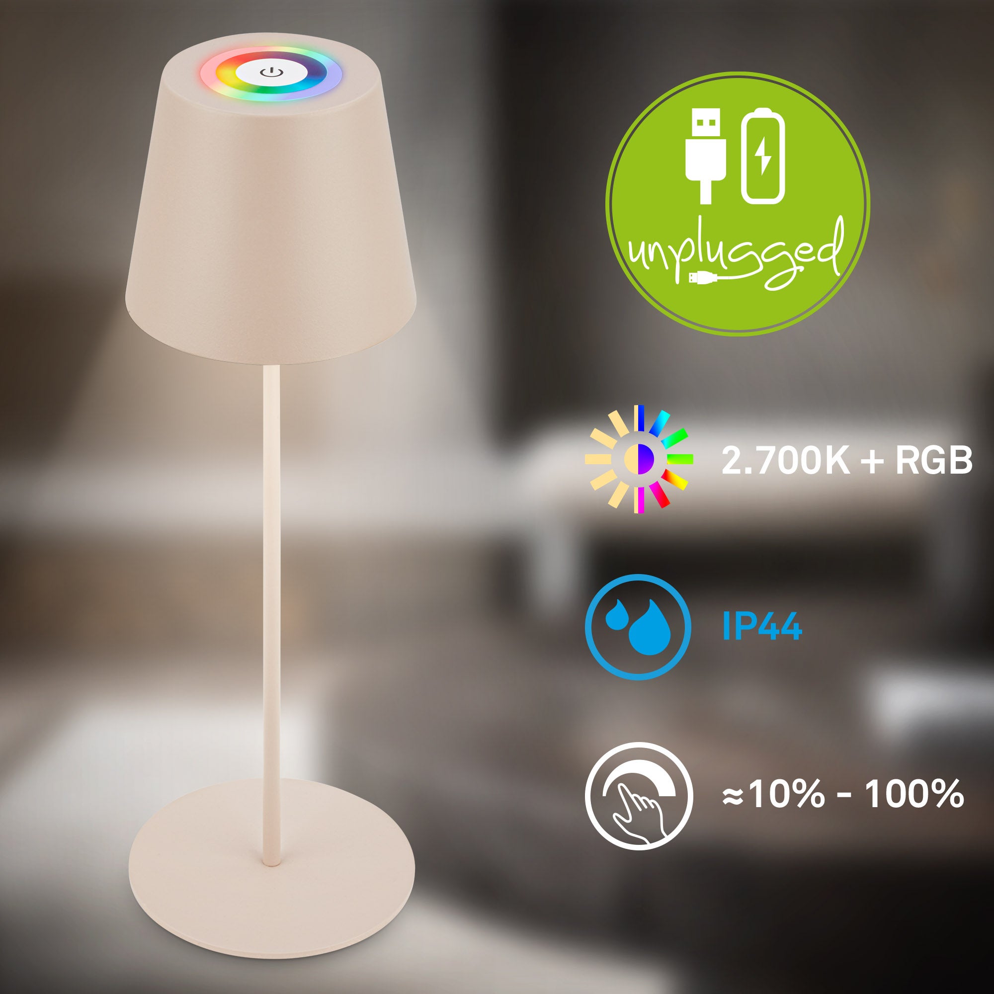 Lampe de table - Brilo unplugged RGB avec adaptateur bouteille - IP44 - 120x360mm - Beige - 2,5W / 200lm - Briloner - 2