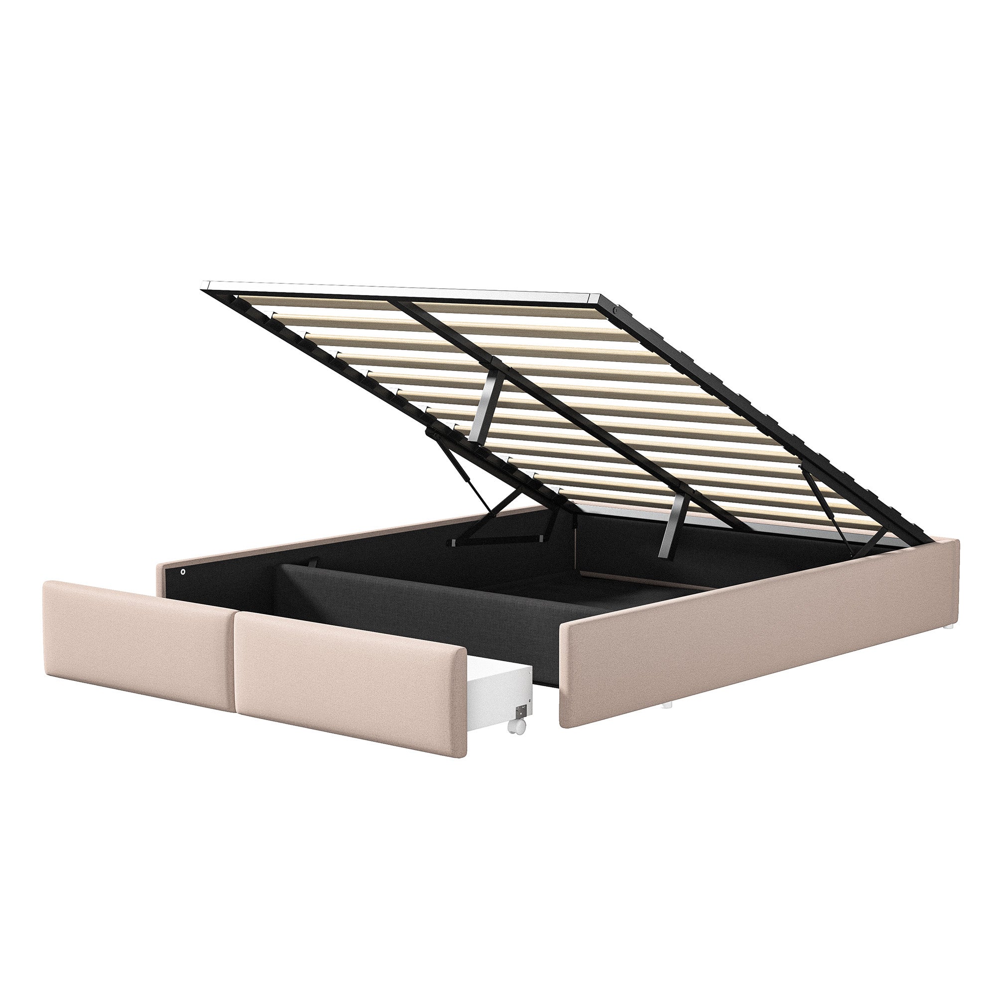 Cama canapé 160x200 cm con sistema hidráulico, 2 cajones, somier de láminas, estructura de metal, tapizada en lino - Beige - 9