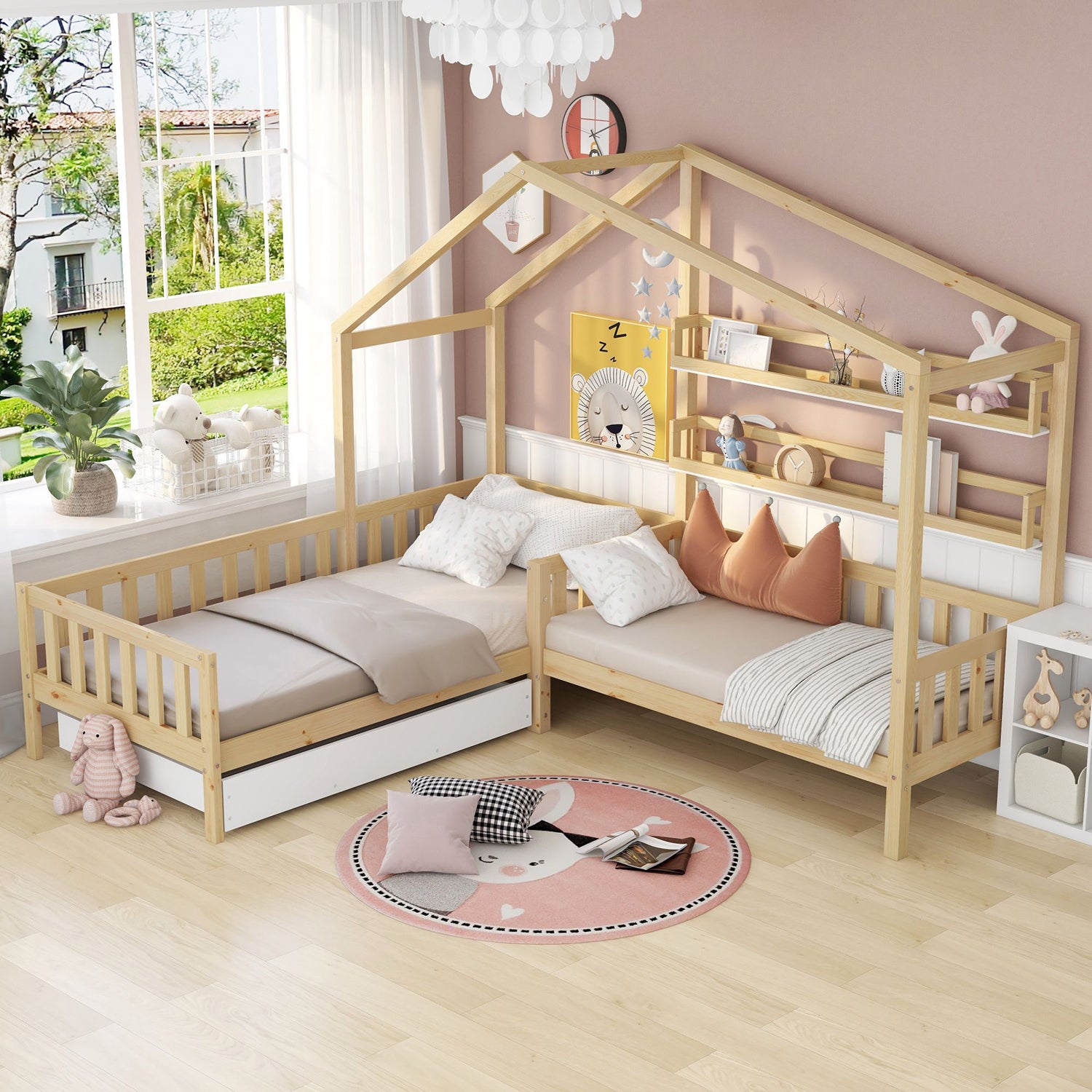 Łóżko dziecięce Home z szufladami i półkami, lite drewno z ogrodzeniem i podstawą z listew, rama w kształcie litery L, naturalne (90x200 cm+140x70cm)