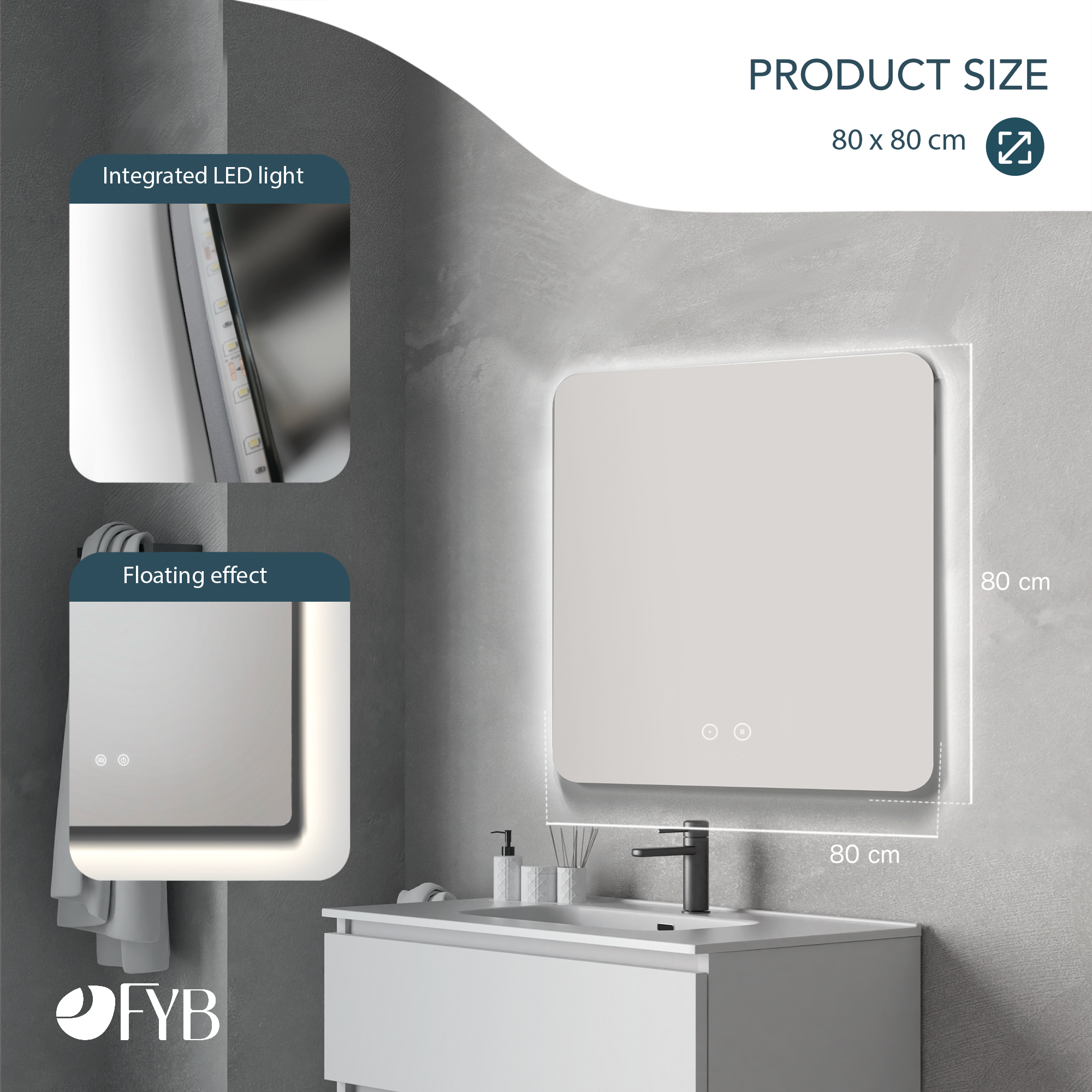Feel Your Bath, Miroir de Salle de Bain Carré avec Lumière LED Réglable 80x80cm, avec Interrupteur Tactile, Antibuée et Arrêt Automatique - 5