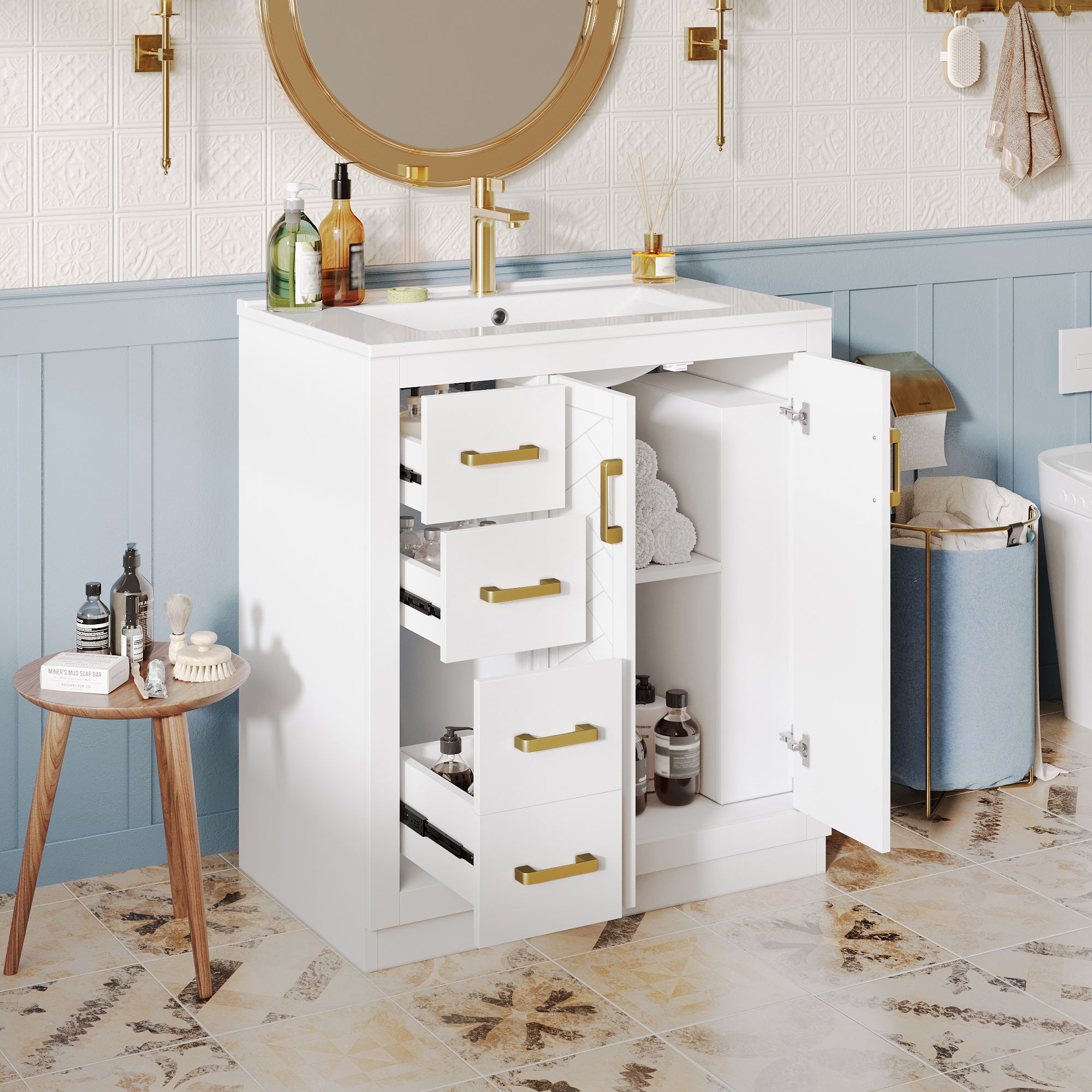 Mueble de lavabo con lavabo de cerámica, 76,5 x 46,5 x 84,5 cm, mdf y cerámica, blanco