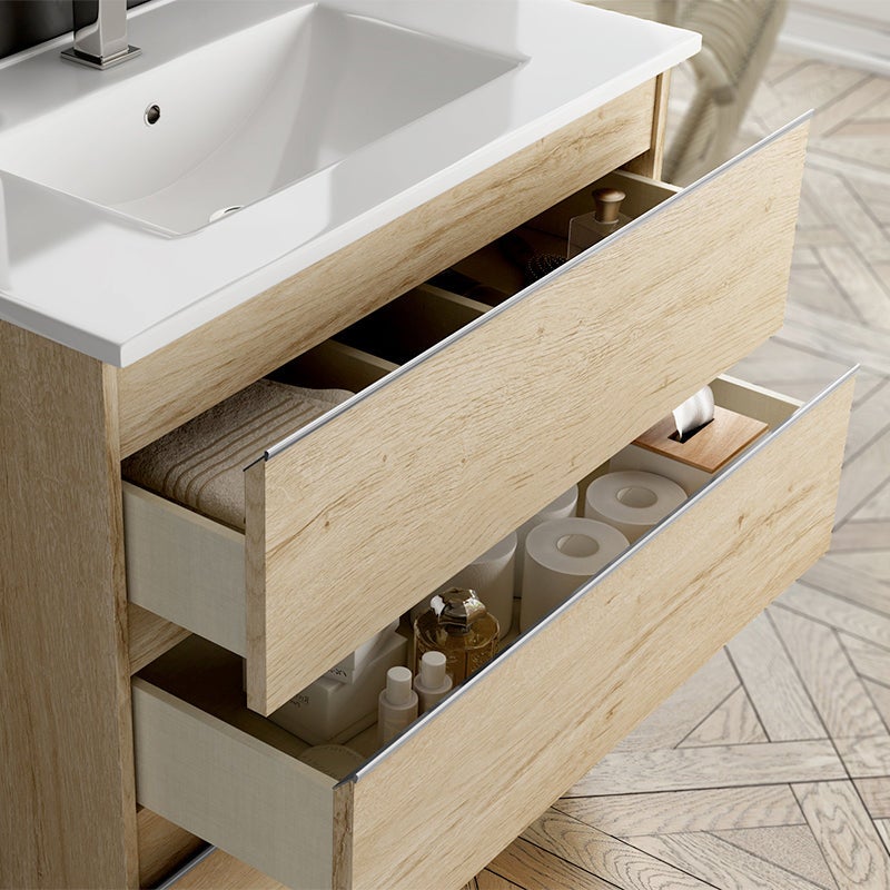 Meuble de salle de bain 70cm simple vasque - 3 tiroirs - PALMA - bambou (chêne clair) - 3