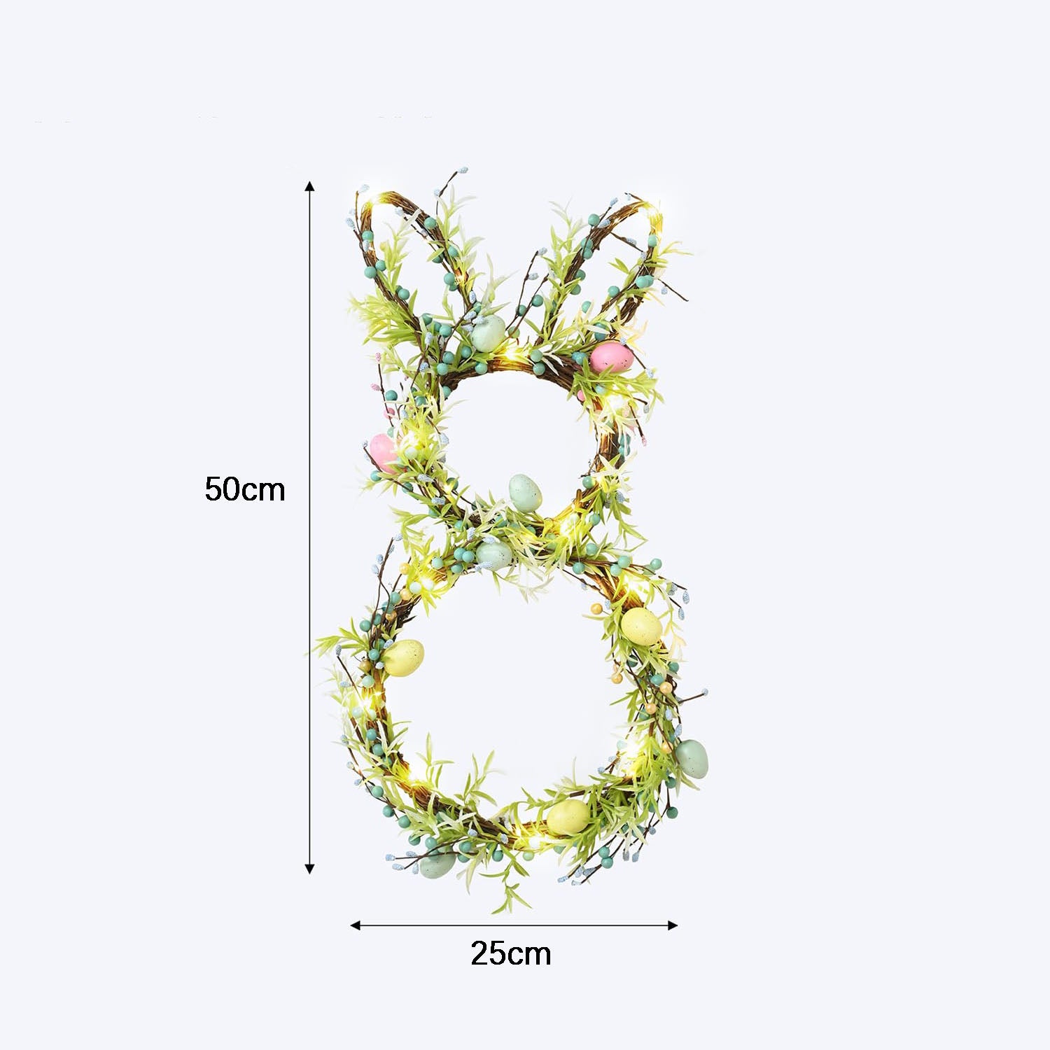 1 pacote de grinalda de primavera de coelho da Páscoa com luzes LED, com ovos, ramos e frutos vermelhos, grinalda de Natal para porta da frente - 2