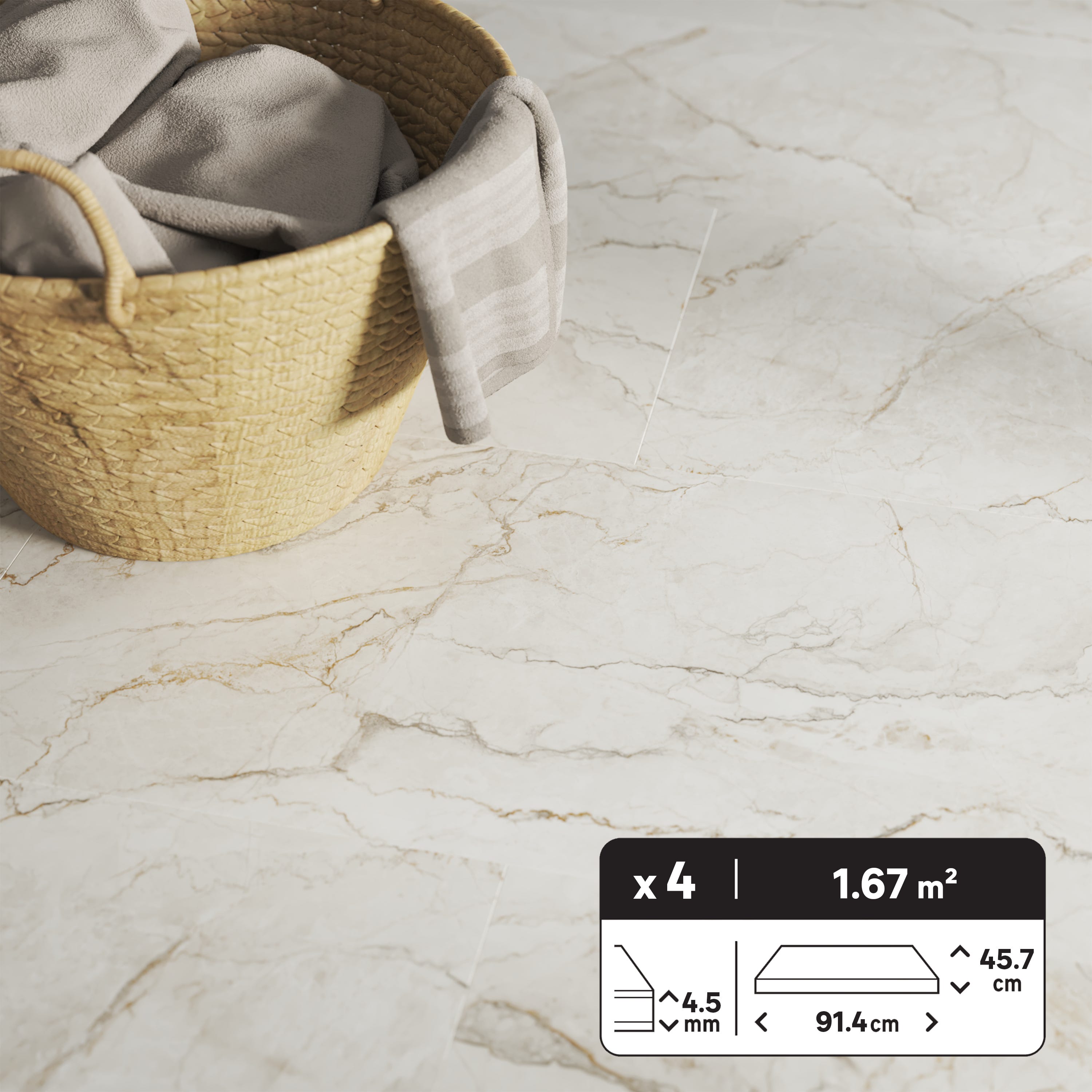 Suelo vinílico click intenso ARTENS - BLUSH mármol blanco - 1,67 m²/ 4 Losetas - 3