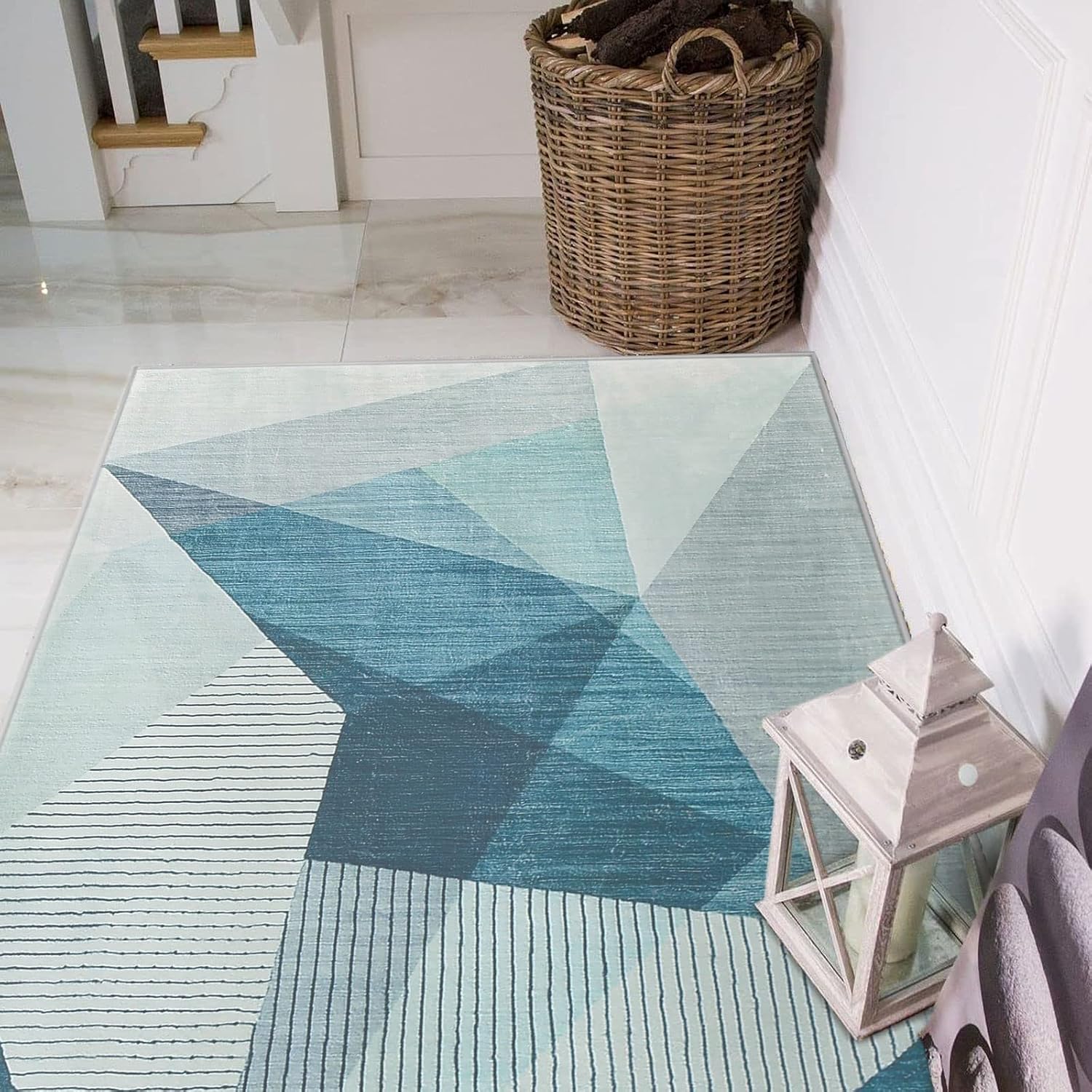 Tapis à motif géométrique pour salon, bleu, gris, moderne, abstrait, grand tapis de salon, antidérapant, doux, (bleu gris, 80 x 120 cm) - 3