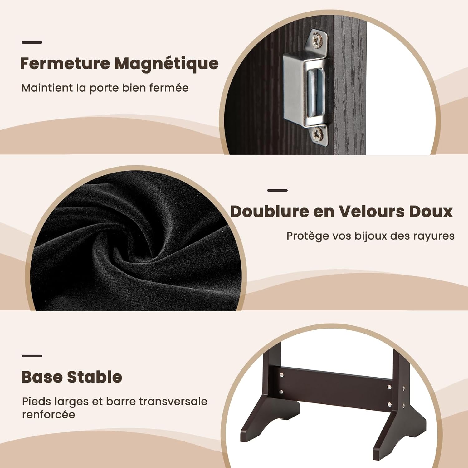 Armoire à Bijoux sur Pied avec Miroir Inclinable en 3 Positions, Armoire de Rangement Cosmétiques de Grande Capacité avec 4 Étagères(Marron) - 6