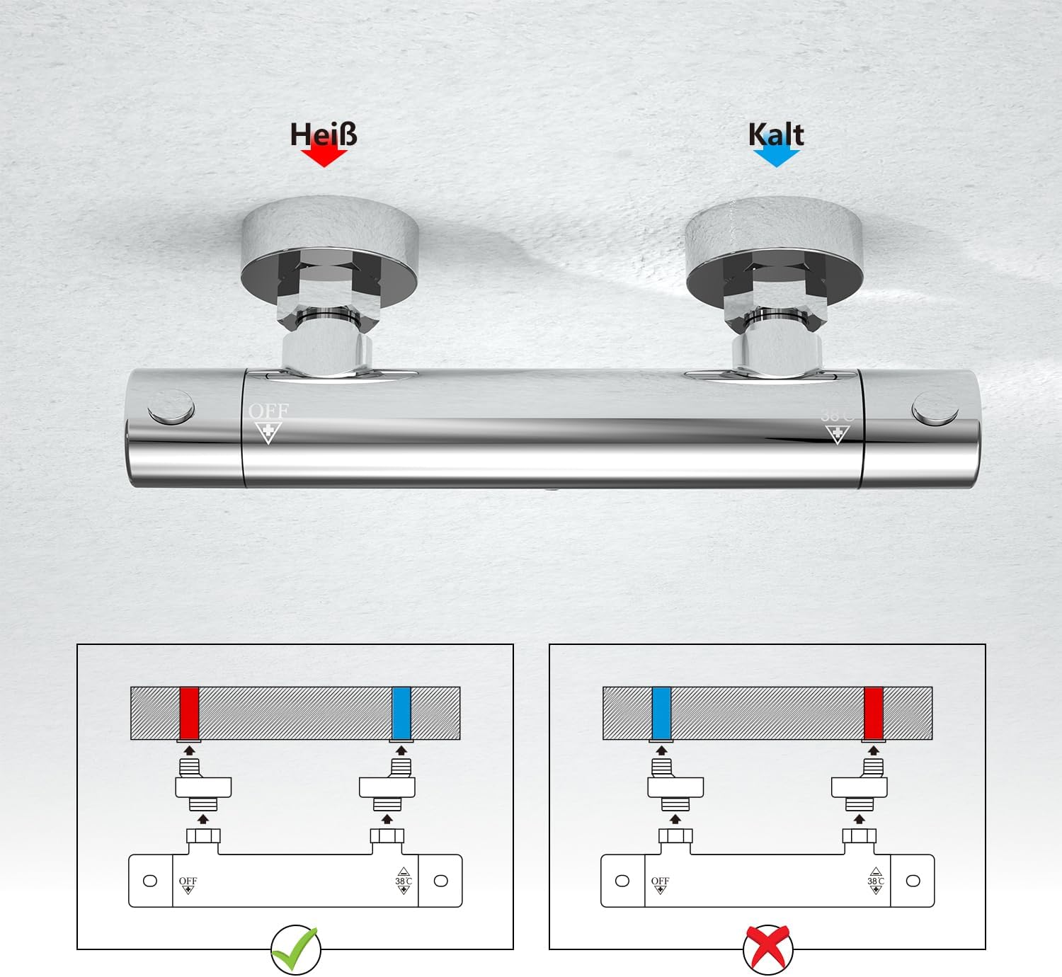 Görbach Mitigeur thermostatique de douche avec touche de sécurité 38 °C, Mitigeur thermostatique de douche, robinet de baignoire chromé pour douche - 5