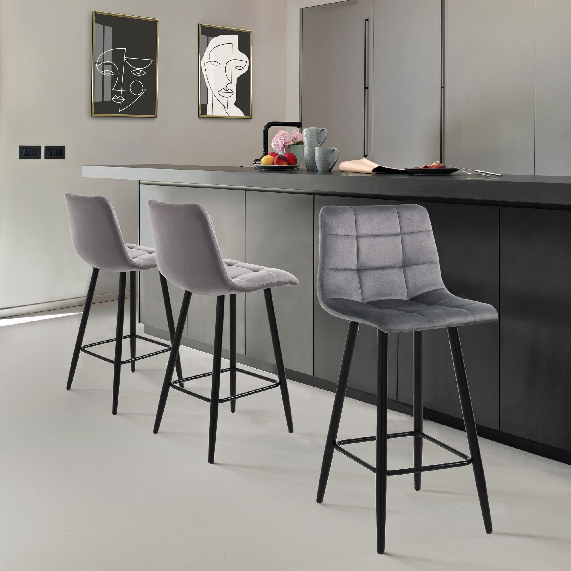 Set 2 sgabelli TOFFEE GREY HOME – Tessuto velluto Grigio, metallo Nero, H.91 L.44 P.50, seduta H.65, per interno - 4