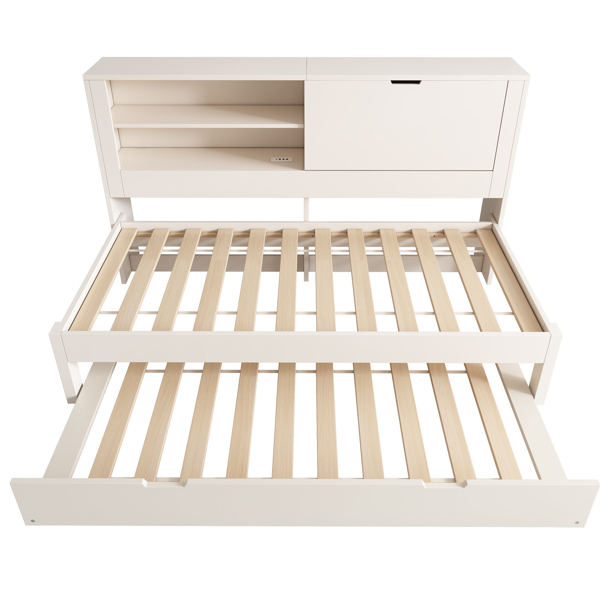 Cama Nido Infantil 90×200 + 90×190 cm con Somier de Madera y USB/USB-C, Sofá Cama con 2 Estantes y Almacenamiento Abatible - Blanco (Sin Colchón) - 7