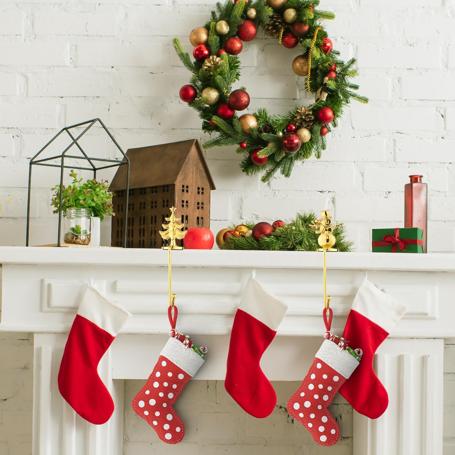Porta calze di Natale da 4 pezzi, oro, albero di Natale, renna, fiocco di neve, porta calze decorative in metallo, ganci per calze di Natale, grucce - 4