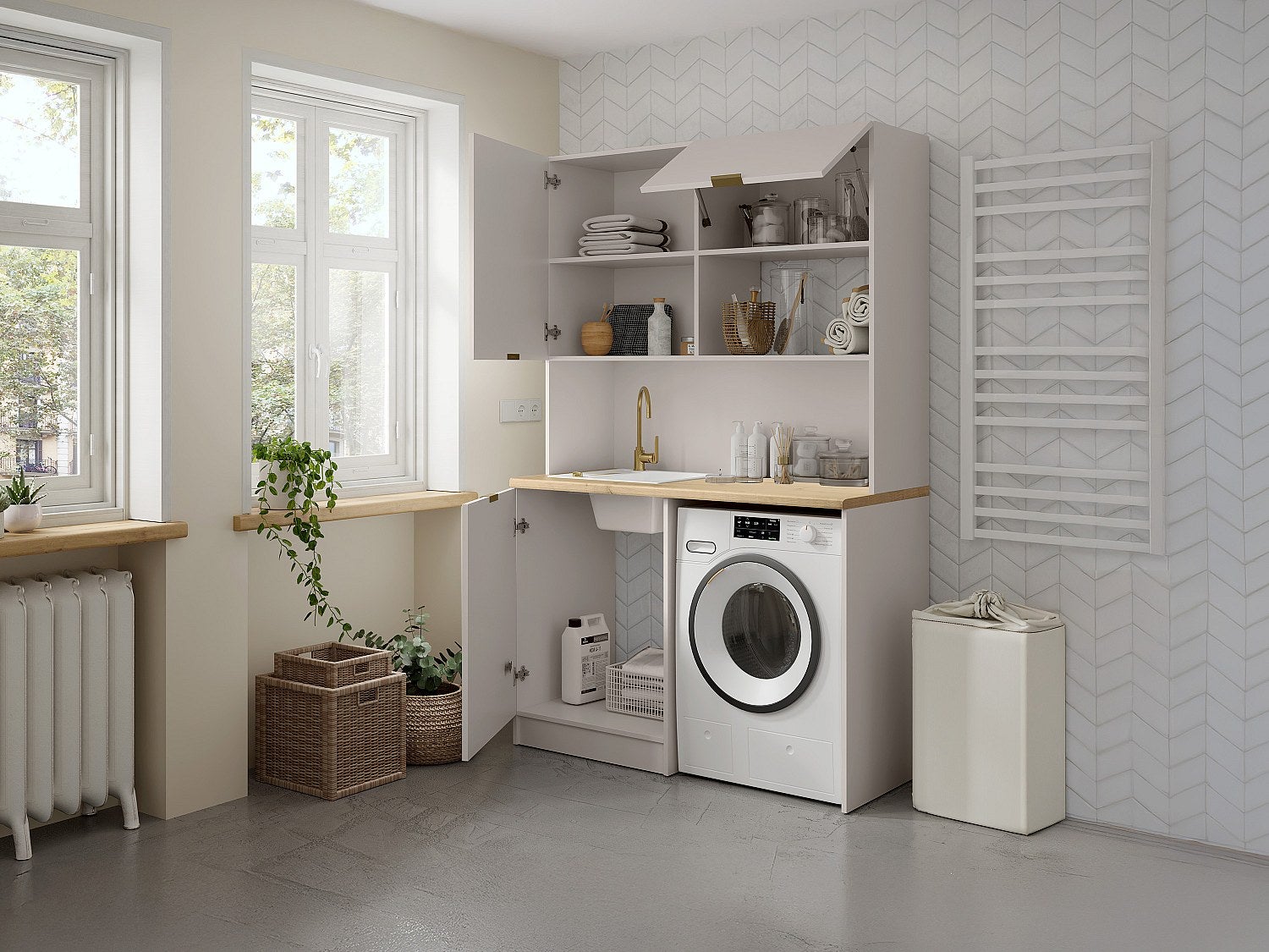 Mobile multifunzione angolo cottura e lavanderia - Con piano di lavoro 120 cm - Beige e naturale - CARMEO - 7