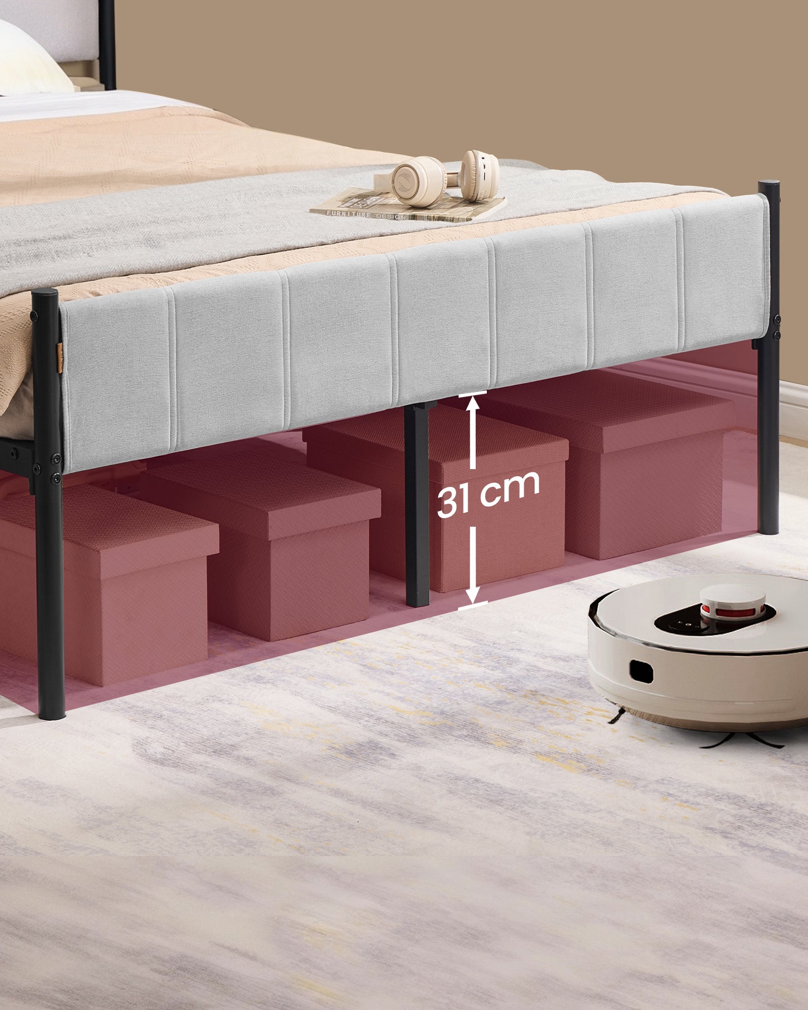 Cadre de Lit Double, 140 x 190 cm, avec Tête de Lit Rembourrée, en Acier, Supporte Jusqu'à 500 kg, Montage Facile, Gris Tourterelle - 7