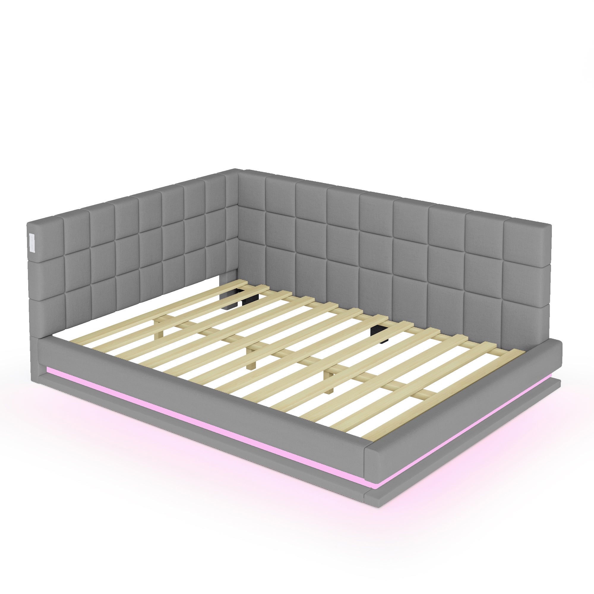 Rozkładana sofa, oświetlenie LED, ładowanie USB, szuflady, podstawa z listew, bez materaca, szary, beżowy, tapicerka welurowa, MDF, drewno