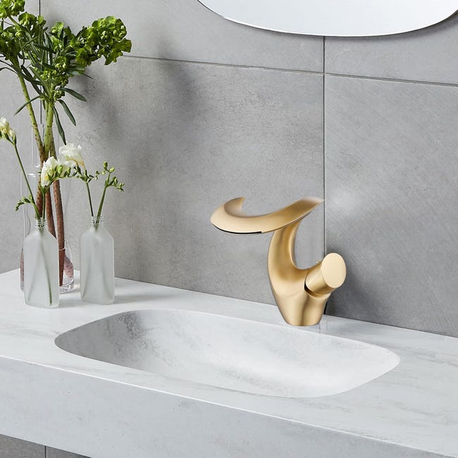 Rubinetto Bagno Alto Oro Spazzolato – Miscelatore Monocomando Con Beccuccio Rotondo Per Lavabo, Acciaio Inox 304