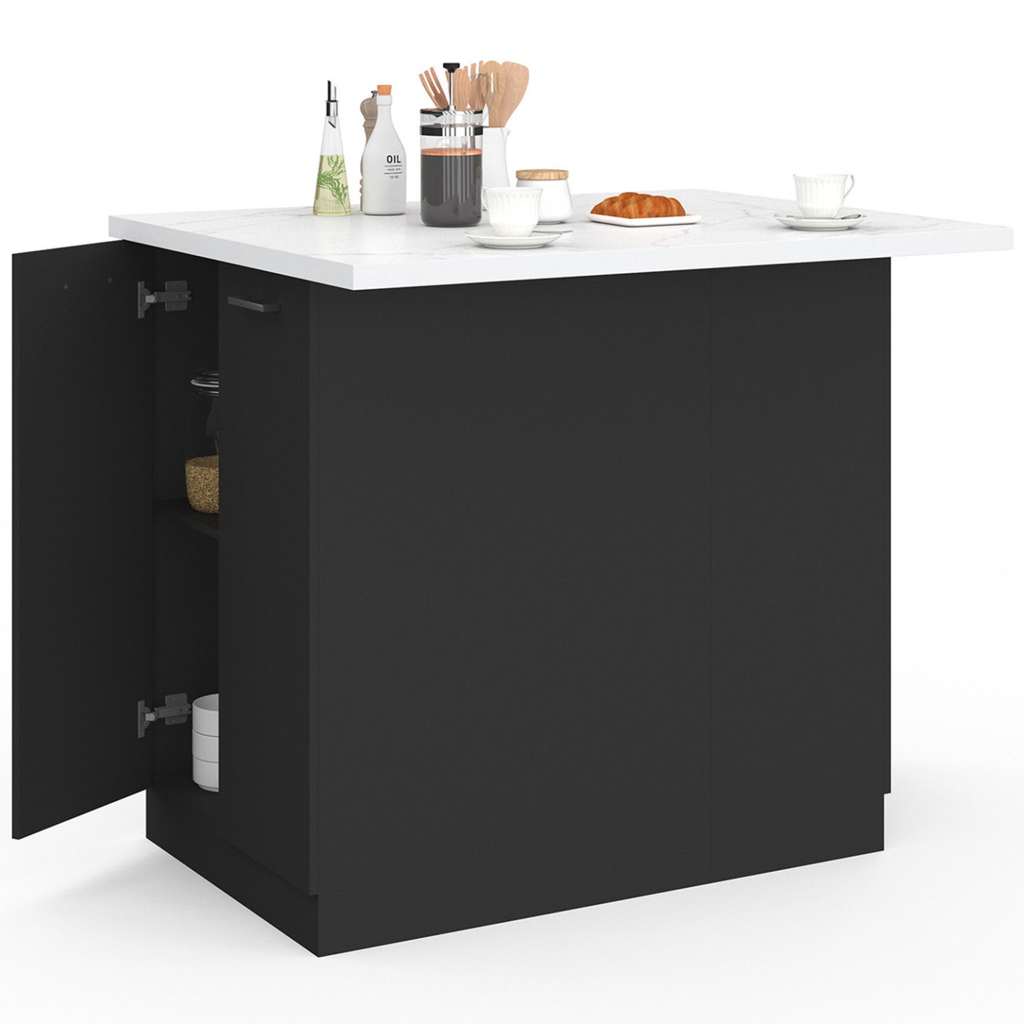 Ilot central IVO 100 cm bois noir avec plan de travail effet marbre ALASKA - 4
