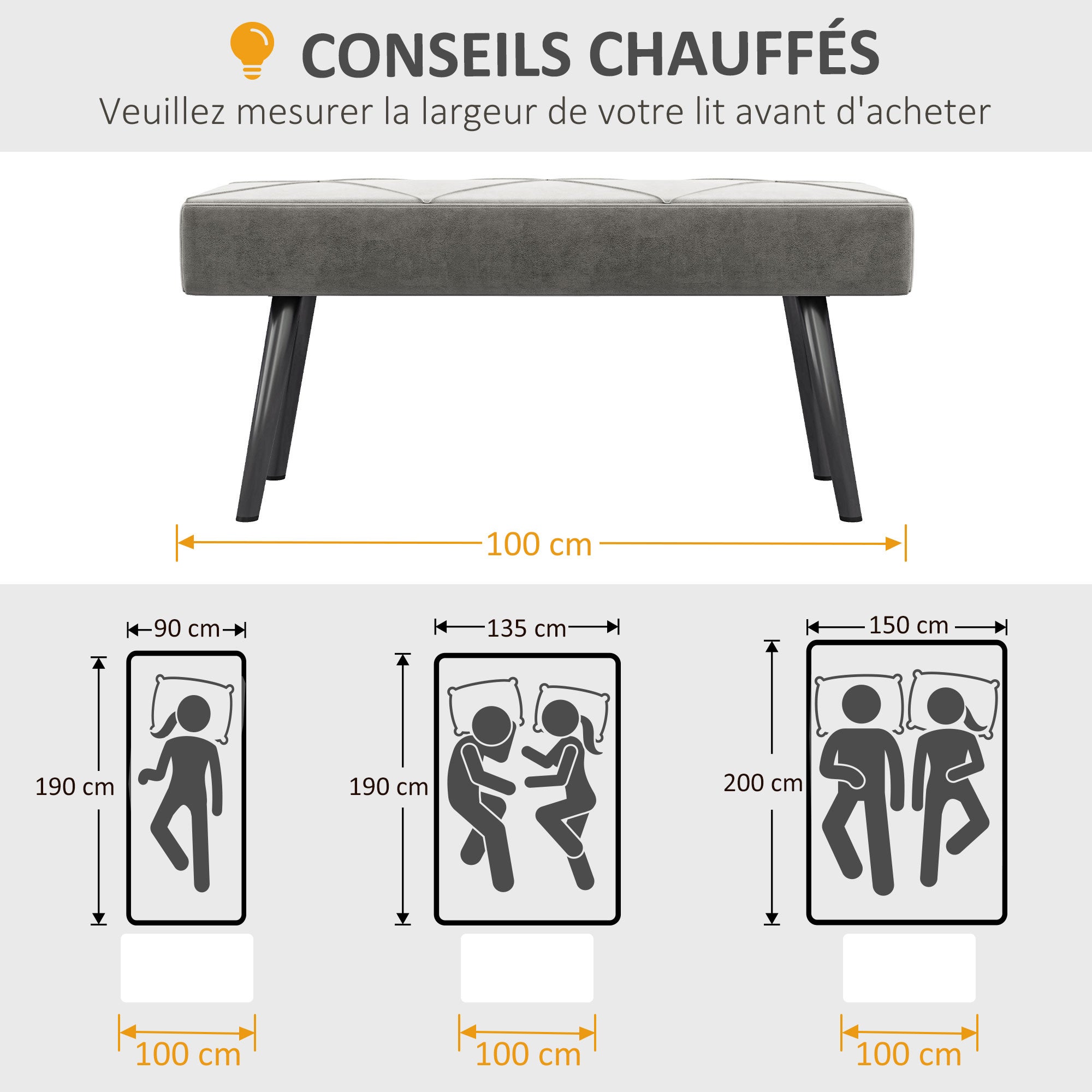 Banc bout de lit banquette banc en tissu velours cadre en acier - 100x36x45cm- gris - 9