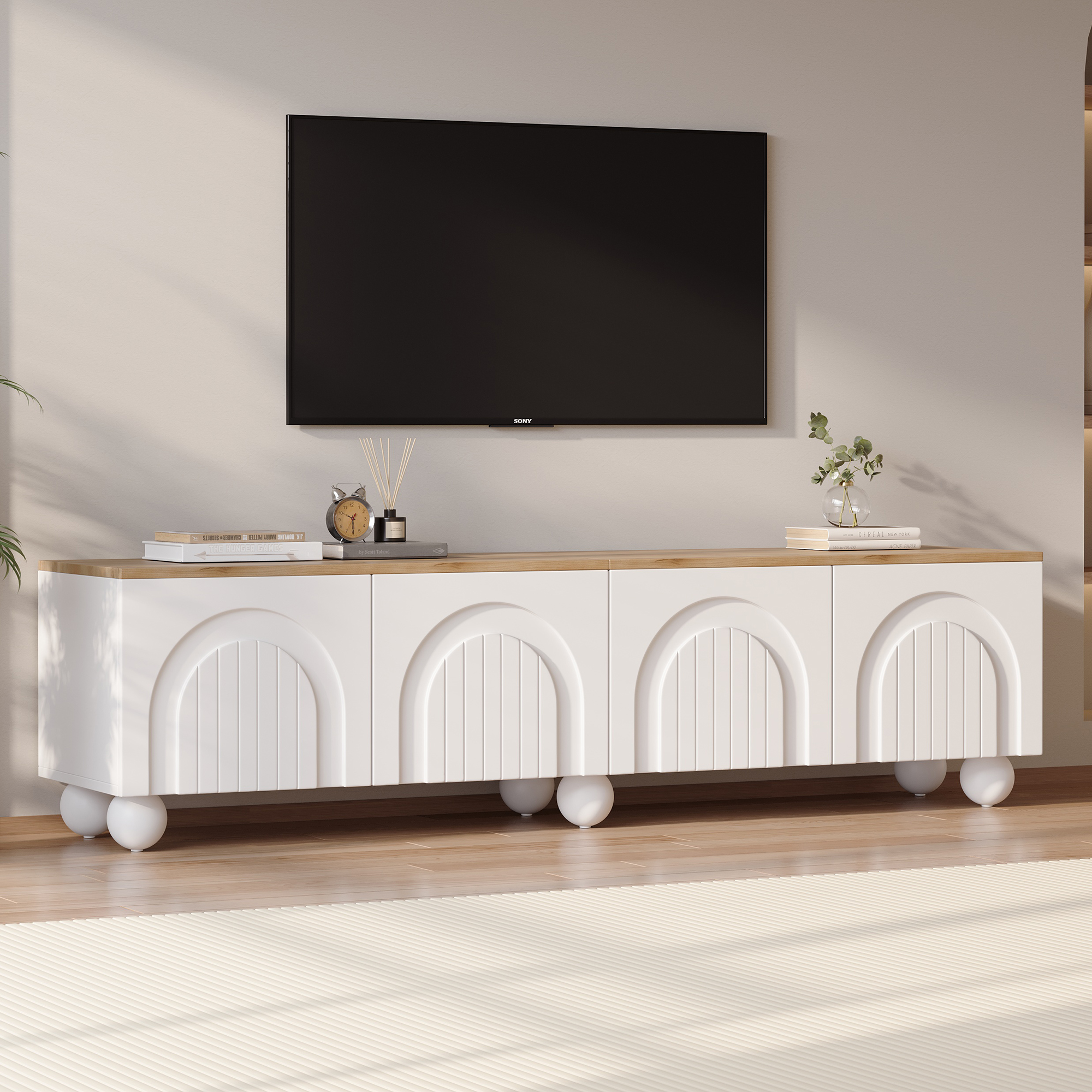 Meuble TV avec 4 portes pour tv 80 pouces - 180 x 40 x 45 cm - MDF - pour salon ou chambre - Blanc + Chêne - 2