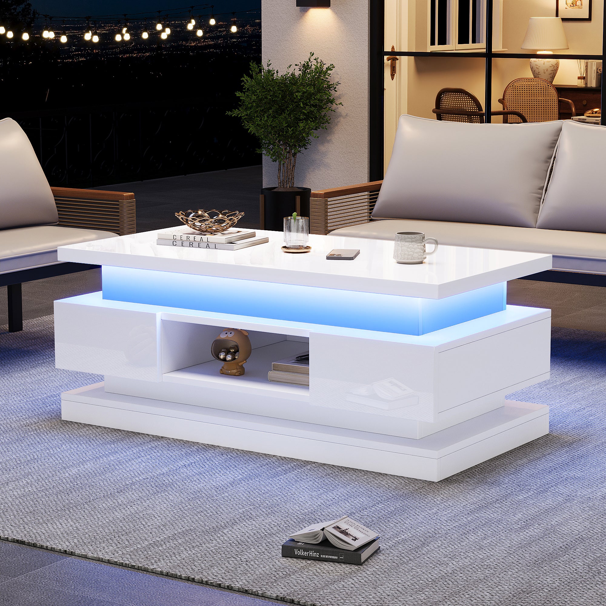 Table basse relevable avec 2 tiroirs - 100 x 50 x 40 cm - LEDs - Panneau de particules - Blanc - 5