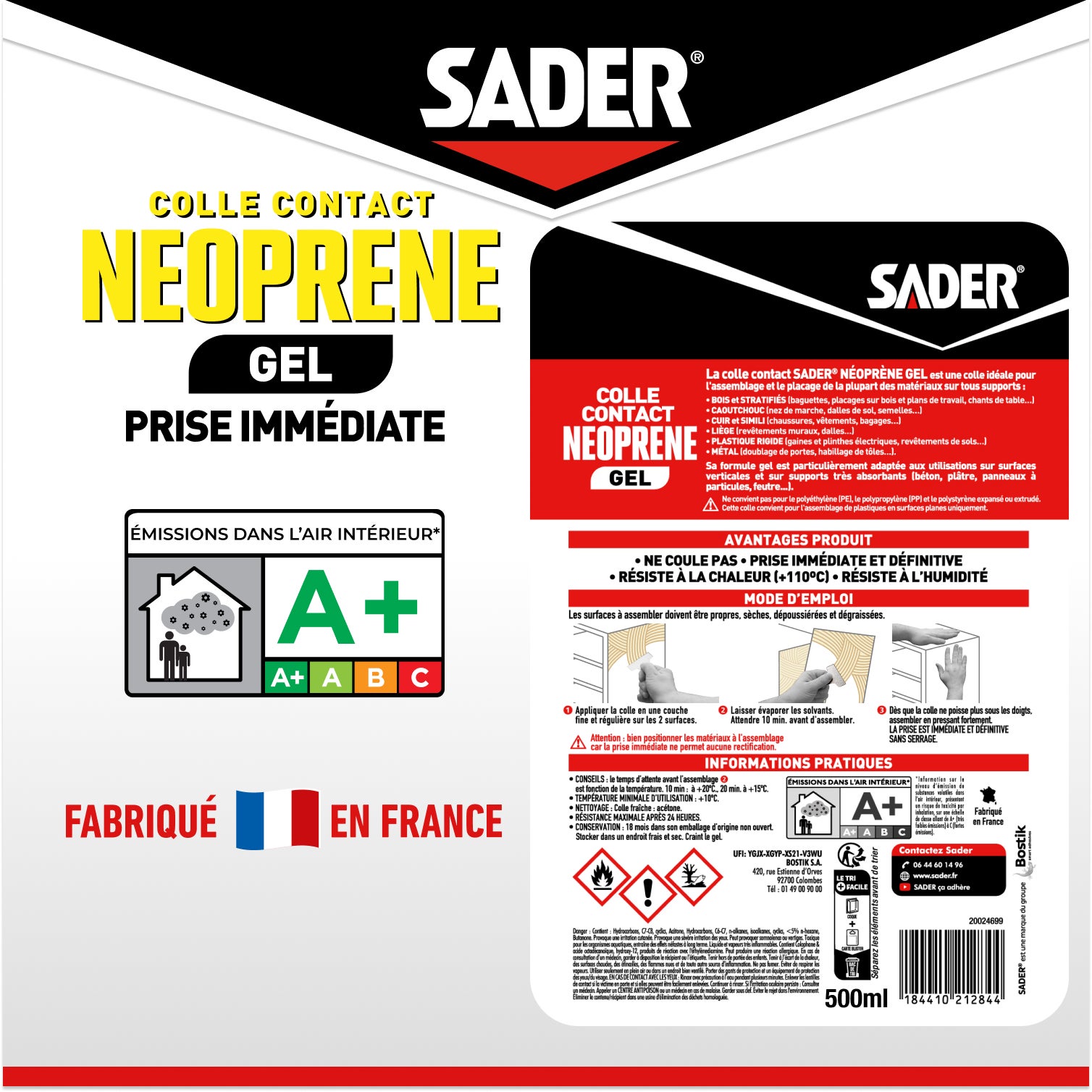 Colle gel contact néoprène SADER - Prise immédiate - 500ml - 5