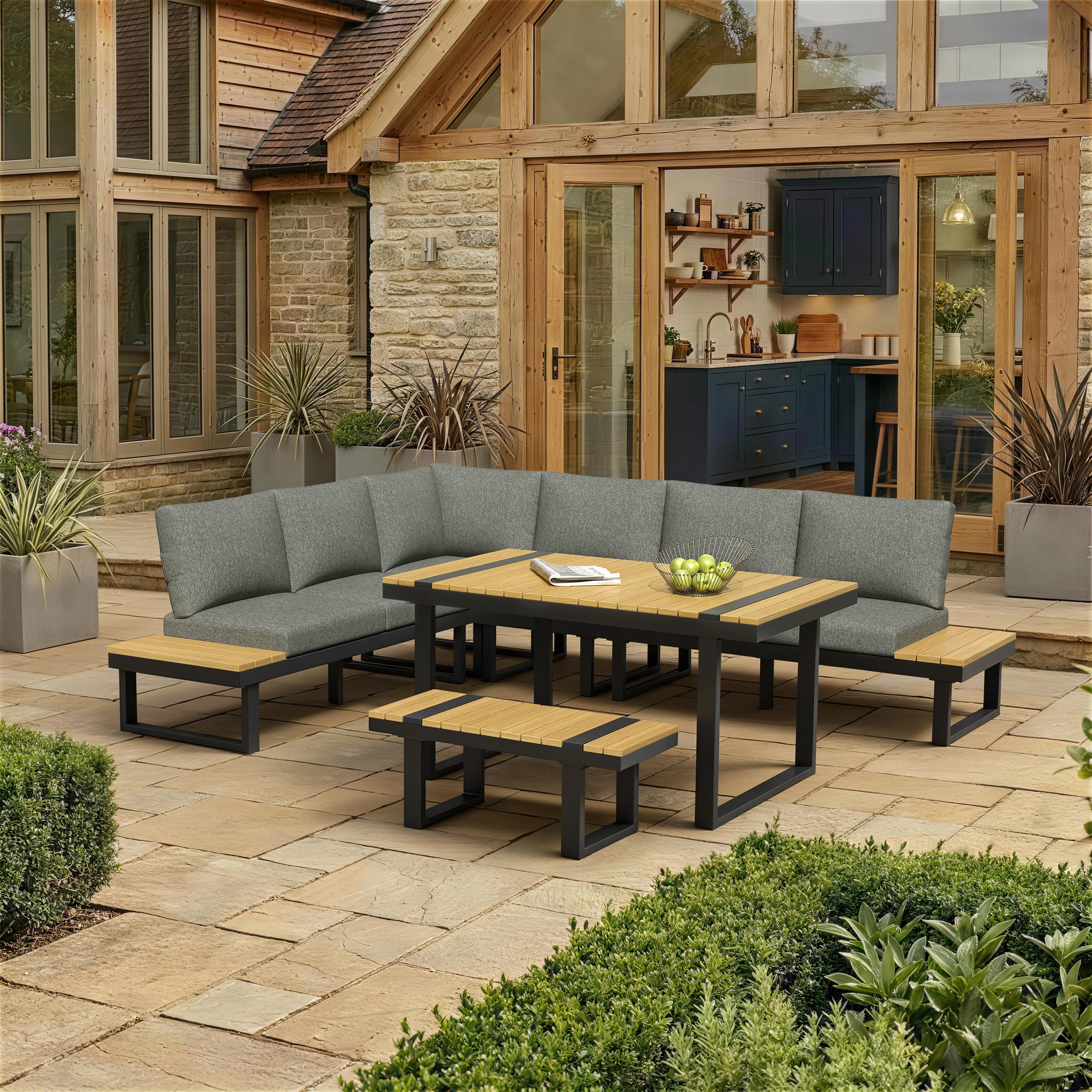 Salon de jardin d'angle 6 places en acier galvanisé : canapé d'angle + banc 2 places + table à manger + coussins polyester - Noir et Gris - 5