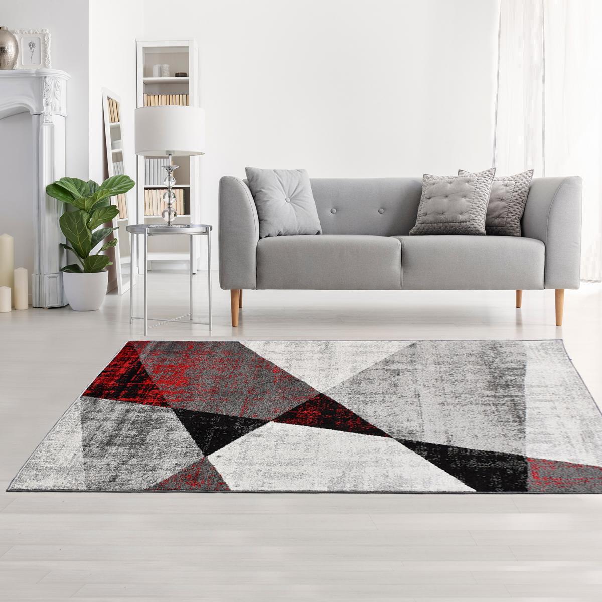 tapis entrée 120x170 tissé gris et rouge rectangle motif géométrique ROSALINE - 2