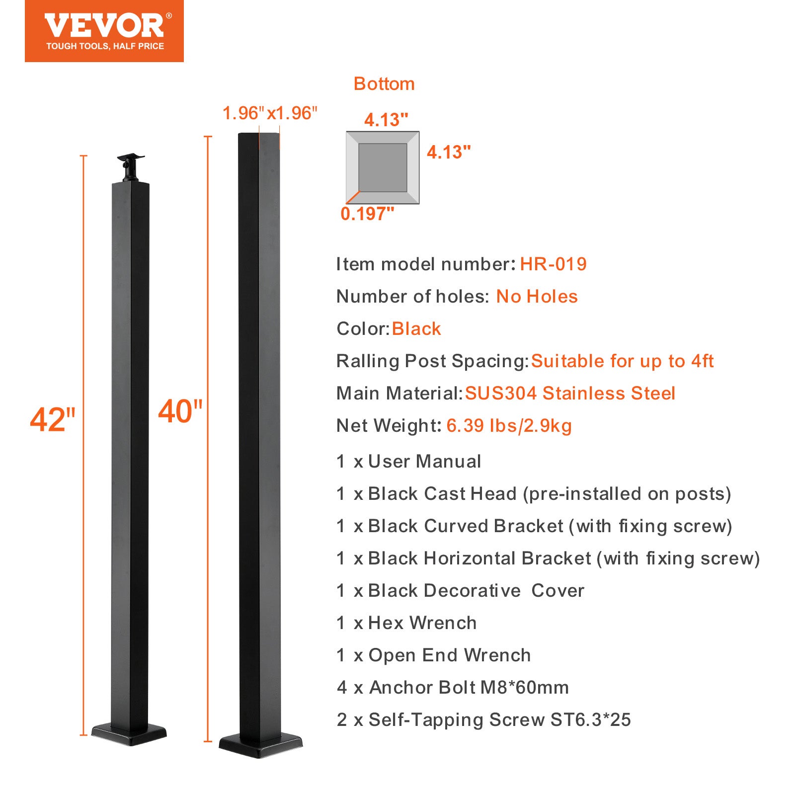 Montante Parapetto a Cavi VEVOR 106,7 cm in Acciaio Inox Nero, Montante per Balaustra e Ringhiera per Scale, Terrazza, Giardino, Interno ed Esterno - 7
