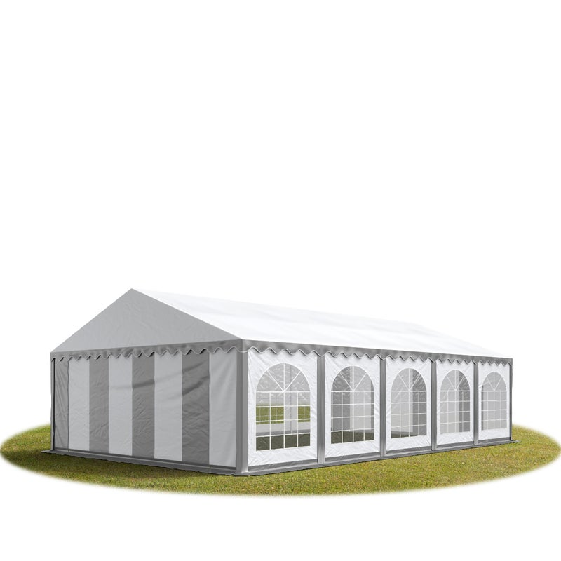 Namiot festynowy imprezowy 5x10 m PREMIUM ognioodporny, wysokiej jakości plandeka PVC 750 N, szaro-biały, 100% wodoodporny, z ramą podłogową