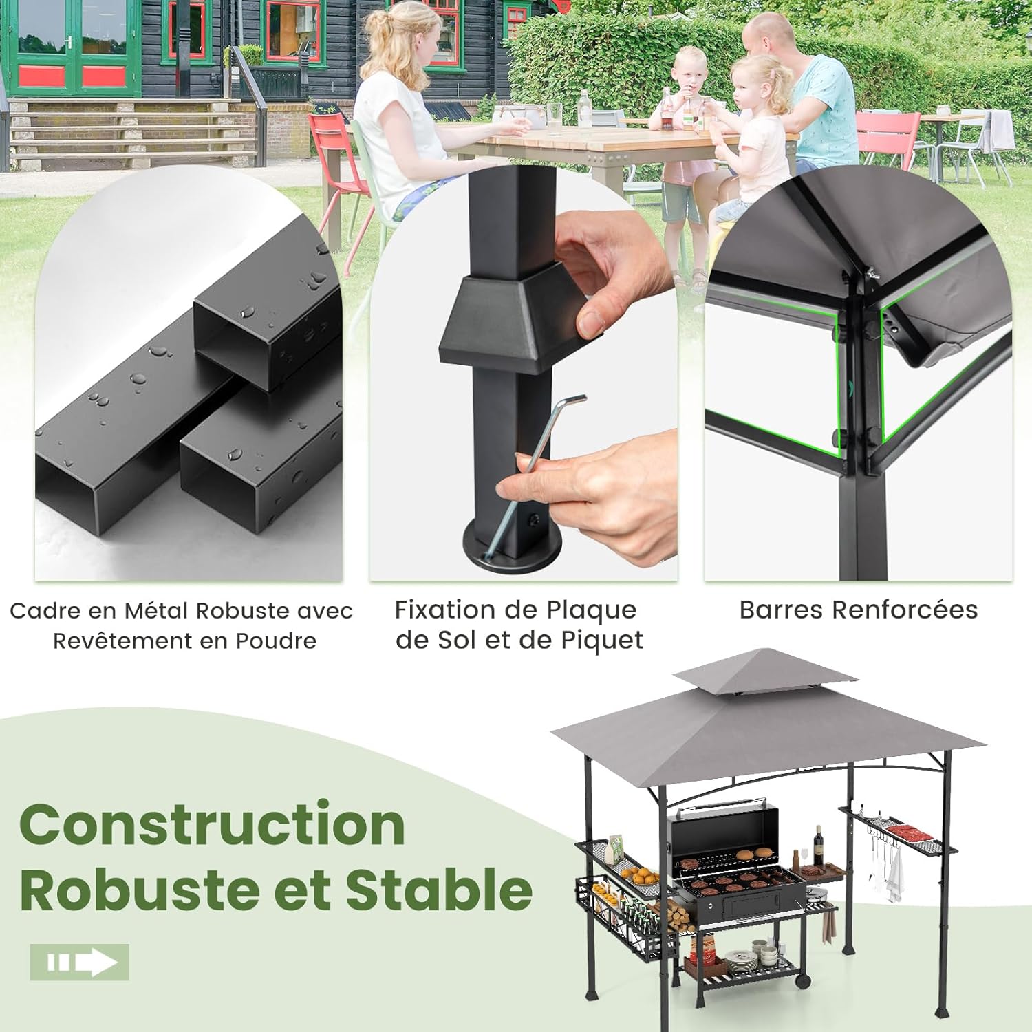Tonnelle de Barbecue 242 x 153 cm avec 2 Etagères Latérales, Abri Barbecue Cadre en Métal avec Panier de Rangement pour Jardin Cour - 3