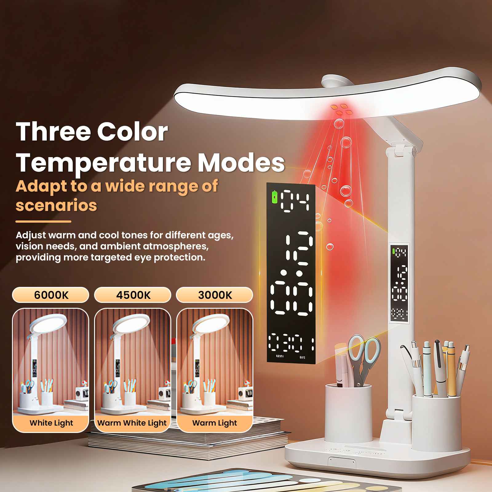 Lampe de bureau LED 53 cm avec écran numérique et porte-stylos, lampe de table réglable pour bureau et étude - 4