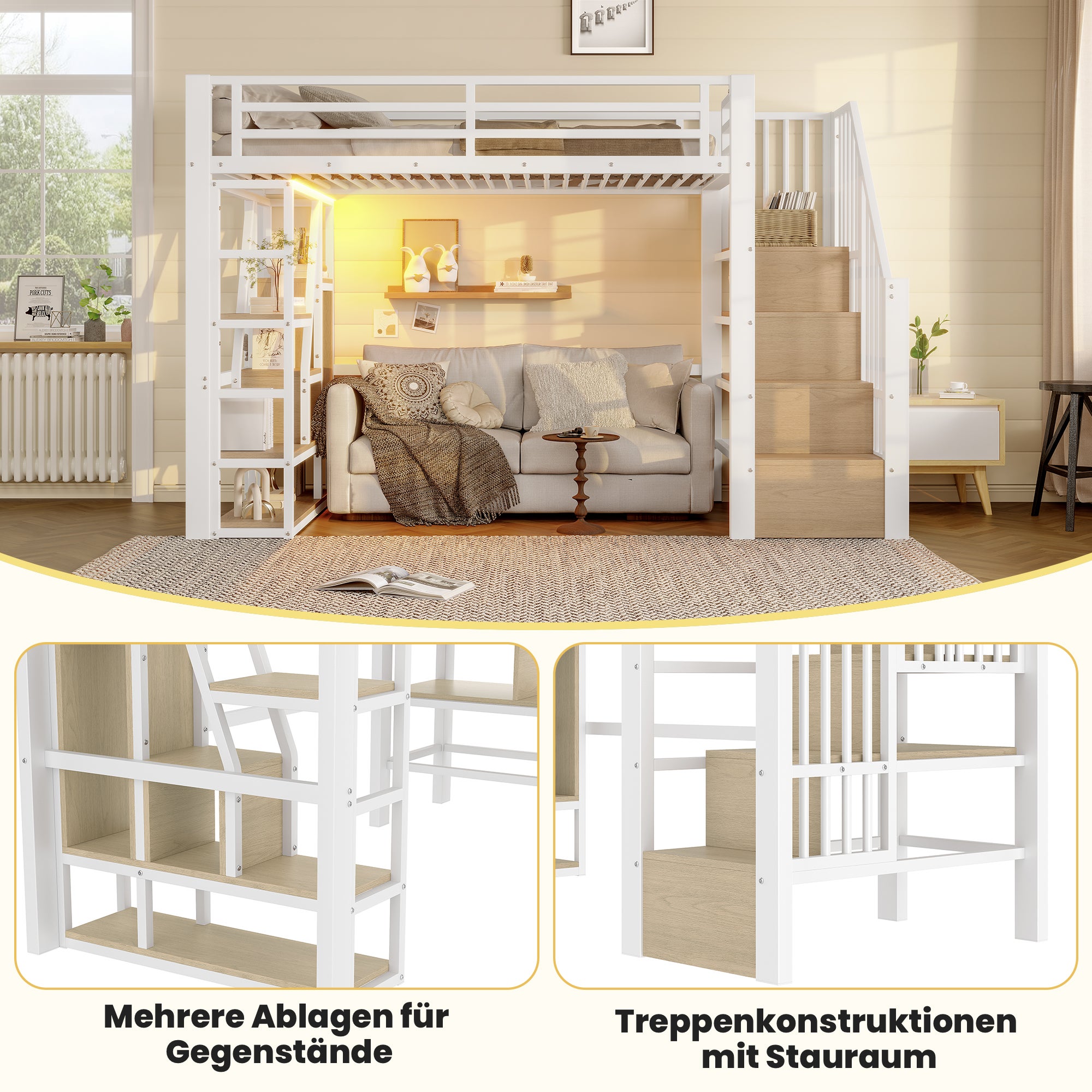 Łóżko piętrowe 90 x 200 cm z przegródkami, półkami i diodami LED - MDF + rama żelazna - białe (materac nie jest wliczony w cenę) - 4