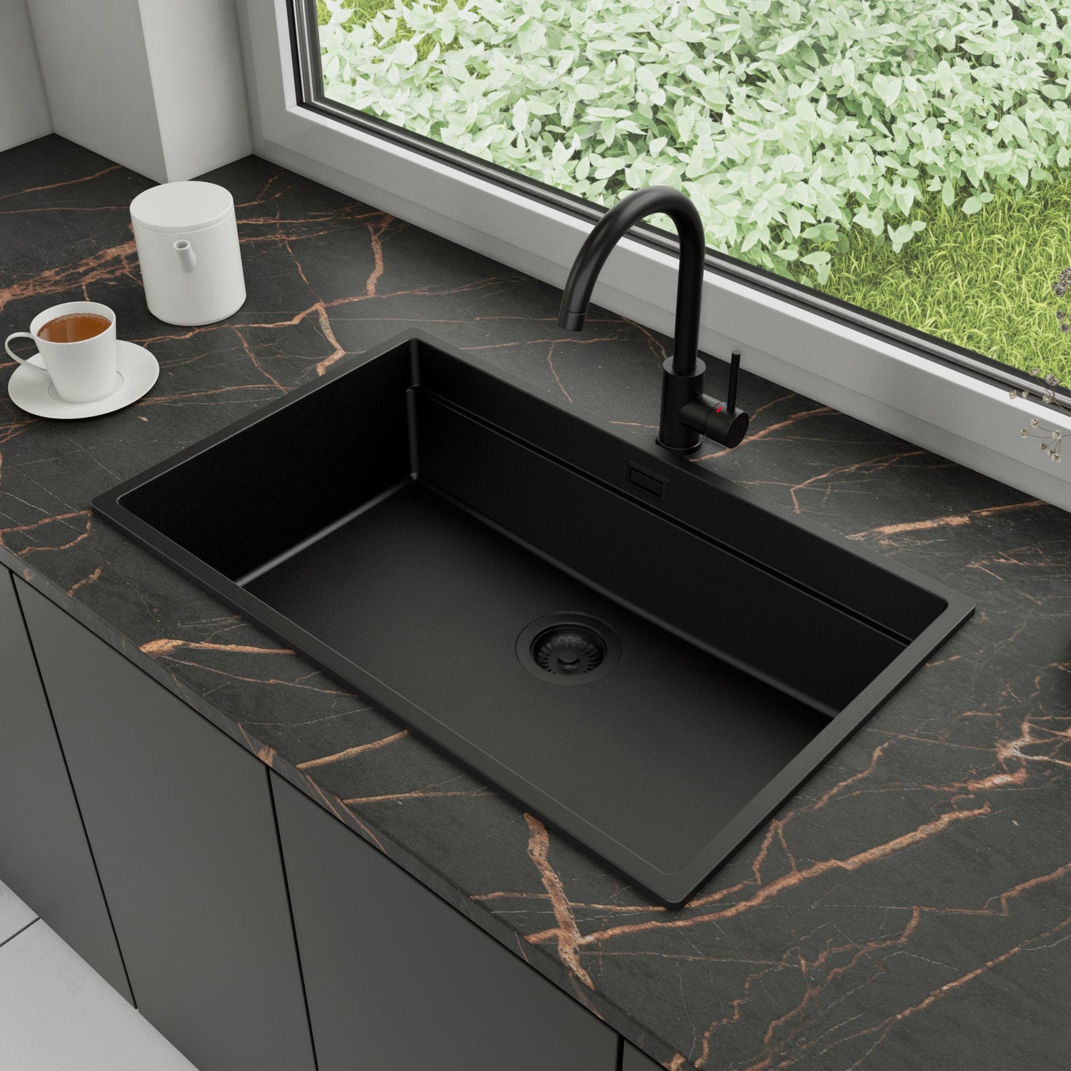 Zlewozmywak Granitowy 76x47cm, do szafki od 80cm + Bateria + Syfon - Coral Cały Czarny STONESTYLE