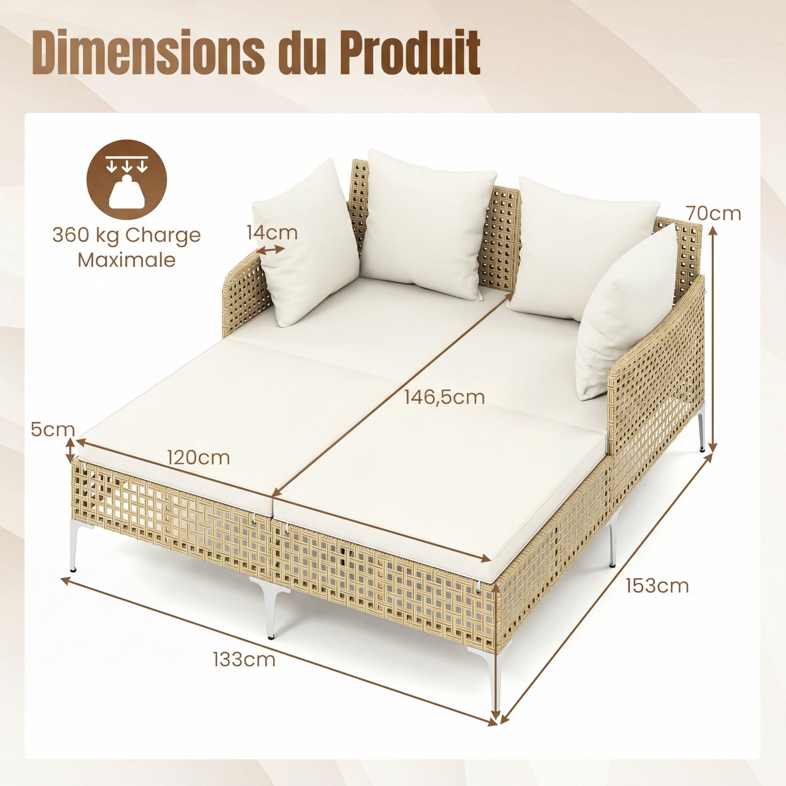 Cama de Dia Dupla em Rattan para Exterior, Espreguiçadeira de Vime para 2 Pessoas com Almofadas de Assento e Encosto, Banco de Sol com Suporte - 3