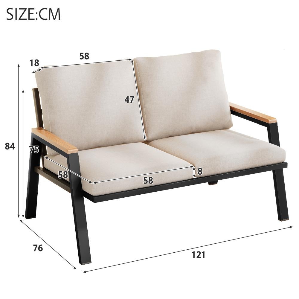 Set de mobilier de jardin Sofa 2 places en acier galvanisé avec accoudoirs bois-plastique style industriel gris-beige - 3