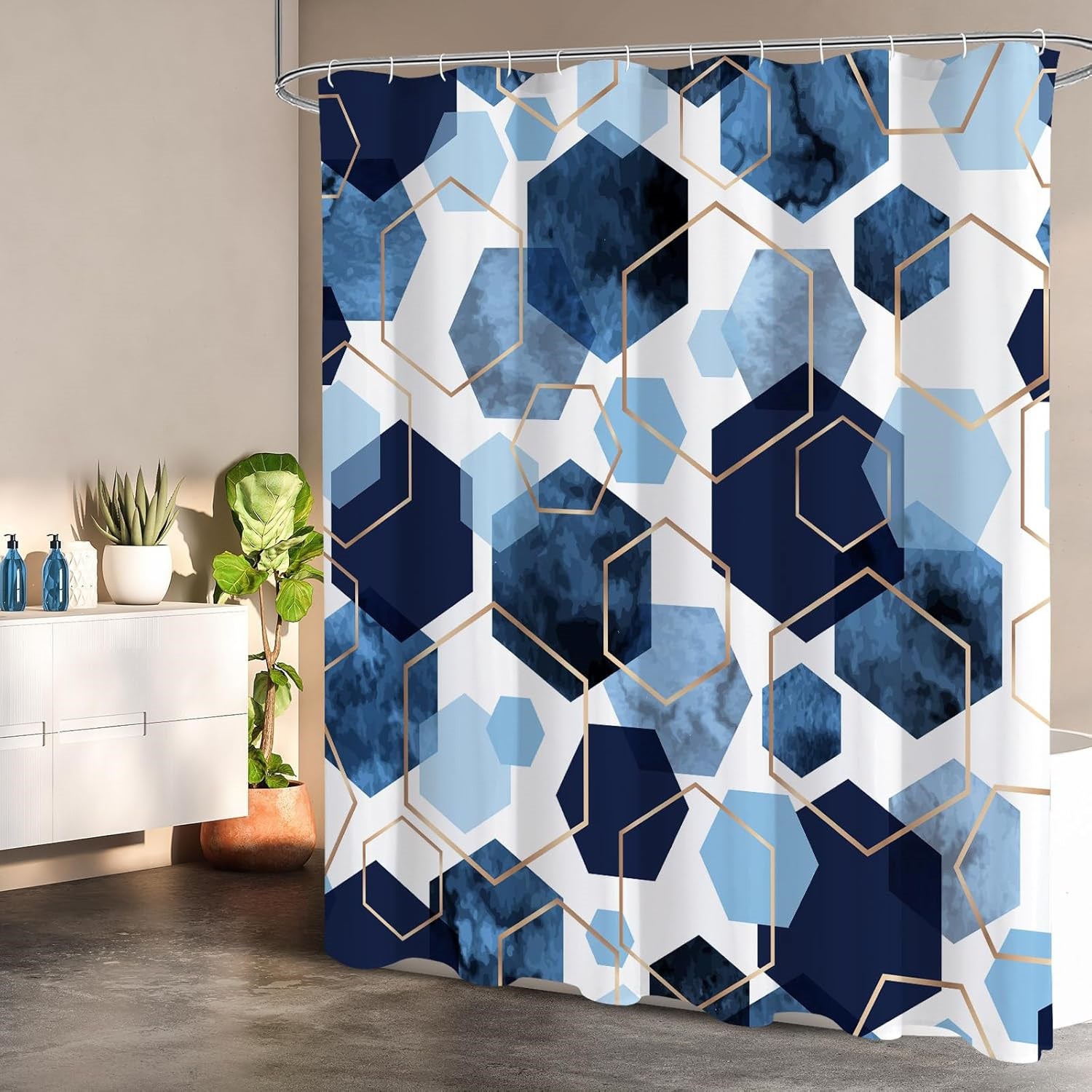 Tenda Da Doccia Geometrica Blu: Moderna In Tessuto Impermeabile 183x183cm, Con 12 Ganci, Per Bagno