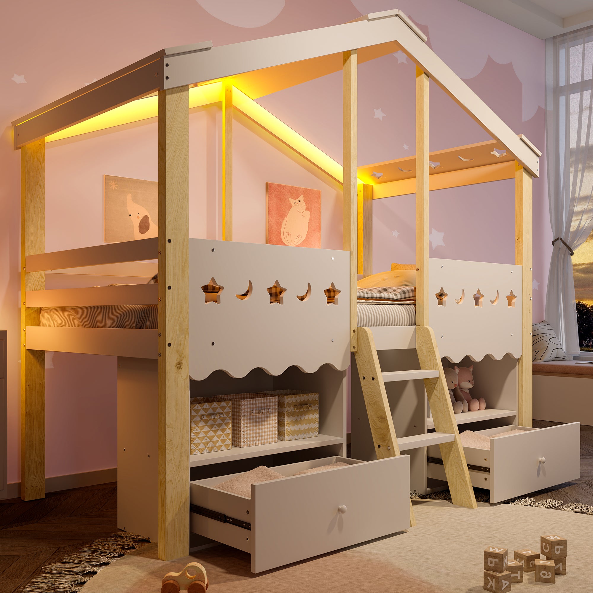 Łóżko średniej wysokości 90 x 200 cm z 2 szufladami i 2 schowkami - Sosna + MDF + sklejka - Diody LED - Biały + naturalny (bez materaca)