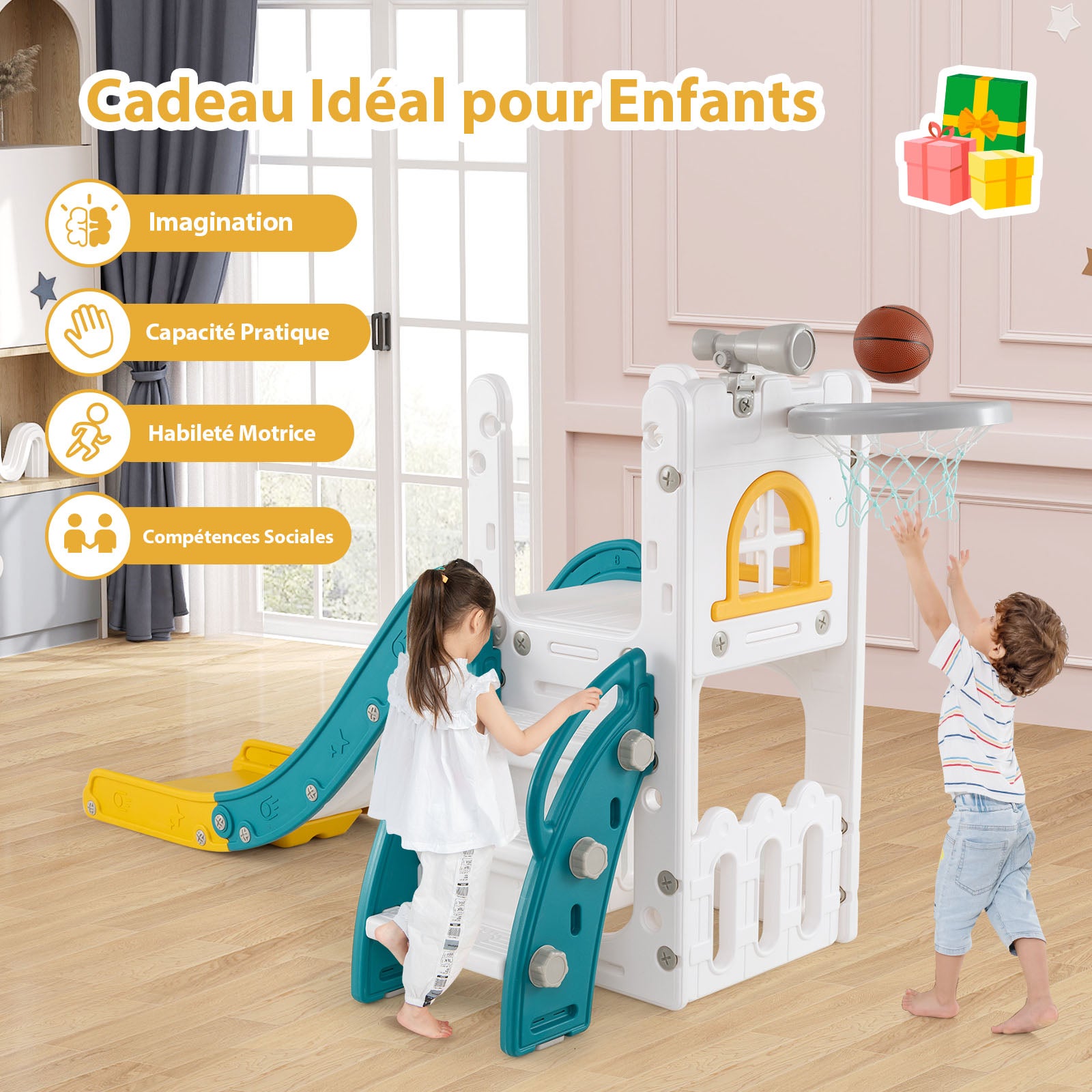 6 en 1 Toboggan Enfant en HDPE avec Panier de Basket & Télescope, Aire de Jeux Intérieure avec Échelle & Espace de Rangement, Jaune+Vert, pour 1 Ans+ - 5