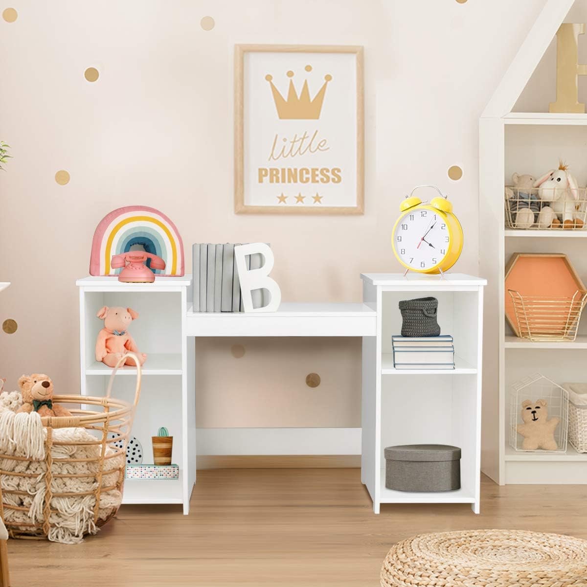 Toeletta per bambini in Legno, Design Smontabile 2 in 1, Mobile da Trucco Stile Principessa con 4 Mensole e Specchio, Mobile per Il Trucco per - 7