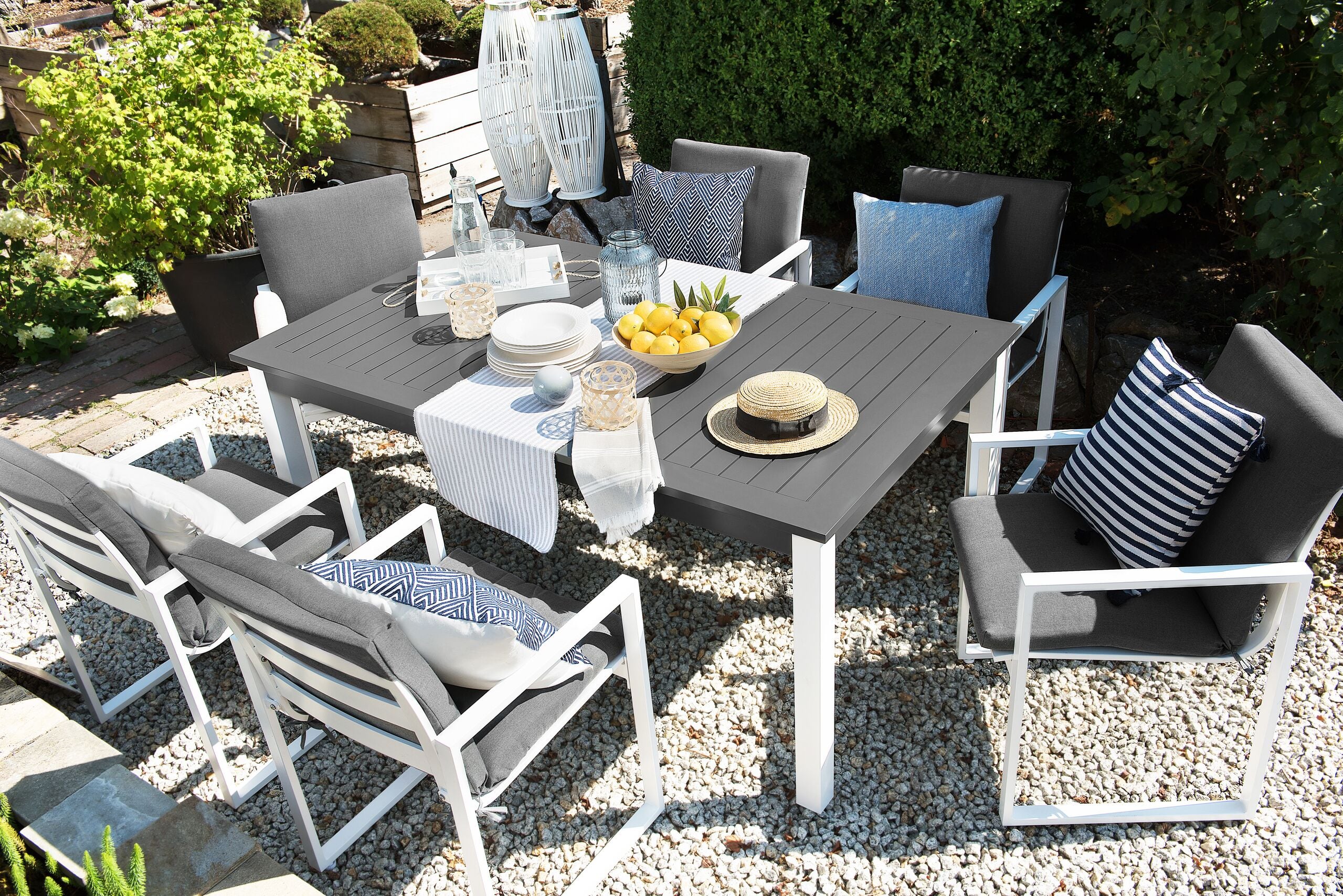Set dining pentru grădină cu 6 locuri PANCOLE Gri Metal cu perne