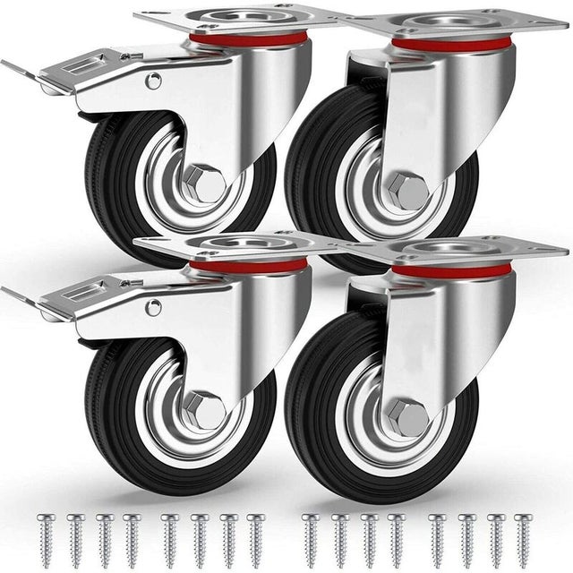 Rodízios para móveis de 4 x 75 mm e 200 kg, rodízios giratórios com freio, rodas de transporte industrial
