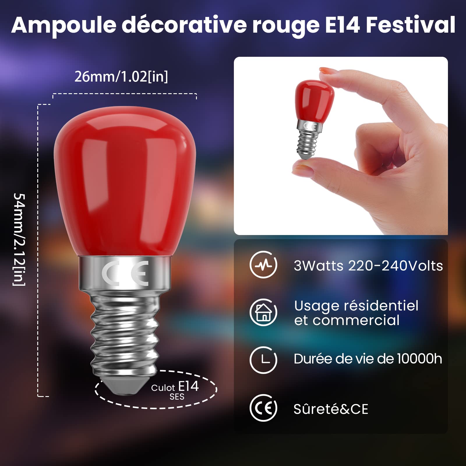 E14 Ampoule LED colorée, 3W Ampoule rouge, verte, bleue, jaune, adaptée à AC220-240v, Halloween/Christmas/Festival, Bar/Party Color Ampoule - 3