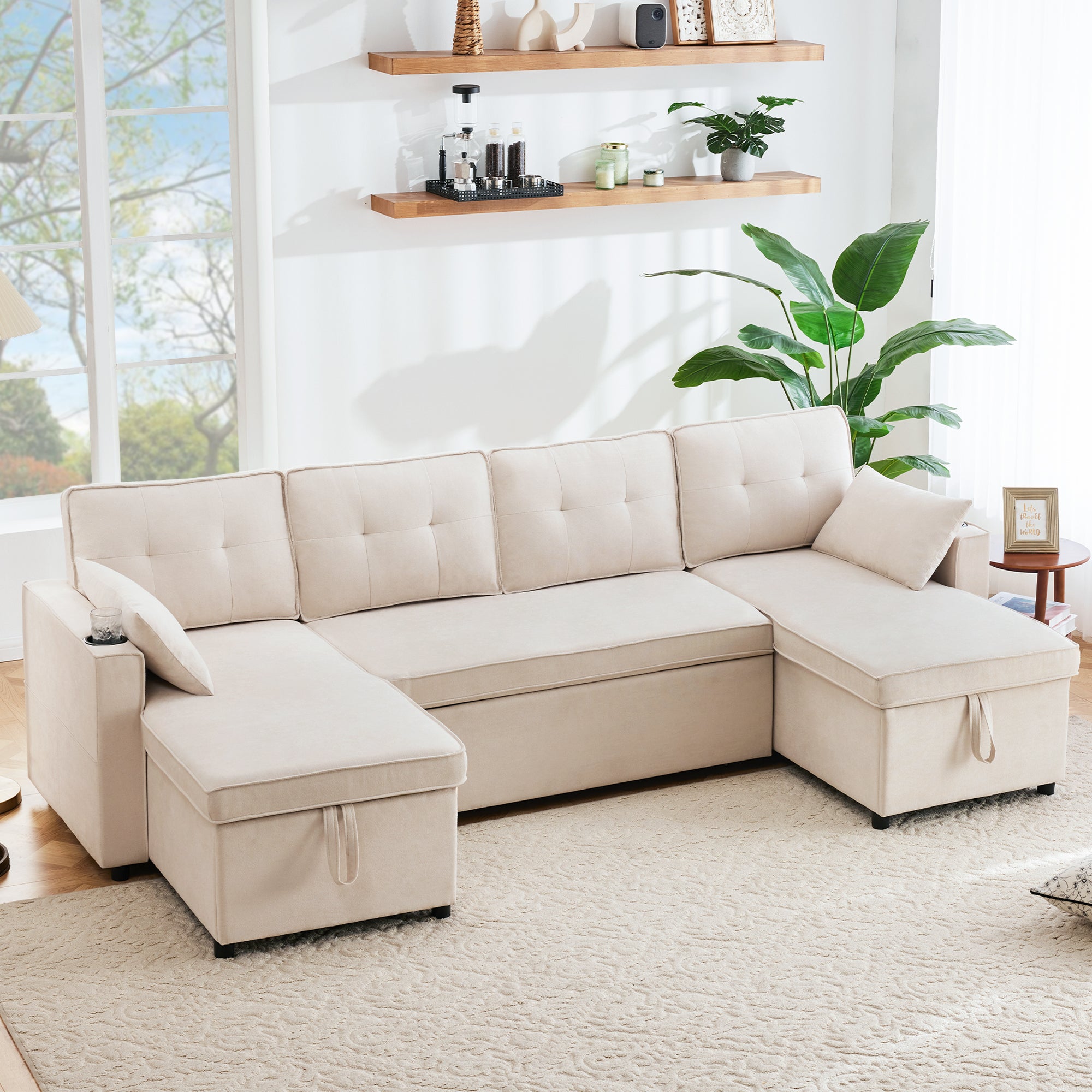 Sofa w kształcie litery U- Sofa tapicerowana - 5-osobowa - Tkanina bawełniano-lniana - Z uchwytem na kubek - Dwie przegrody do przechowywania - beżowa