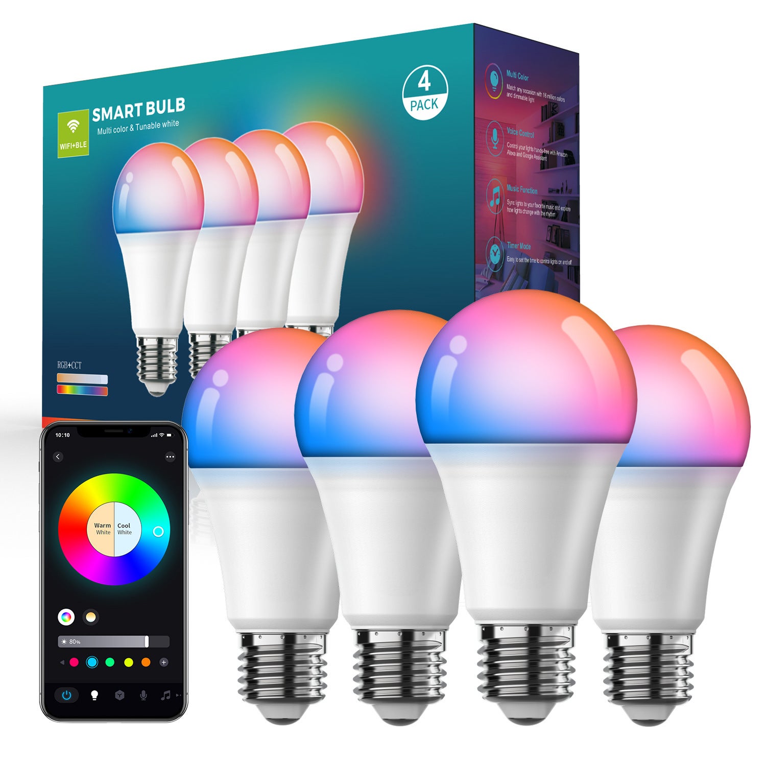 Ampoules LED intelligentes WiFi Bluetooth à intensité et couleur réglables, avec minuterie et télécommande, 10 W (lot de 4) - 4
